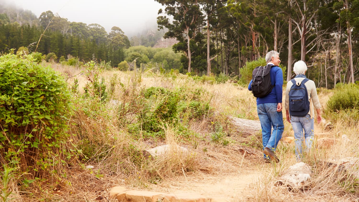 An older couple, one of whom has a spinal deformity, walk on a trail.