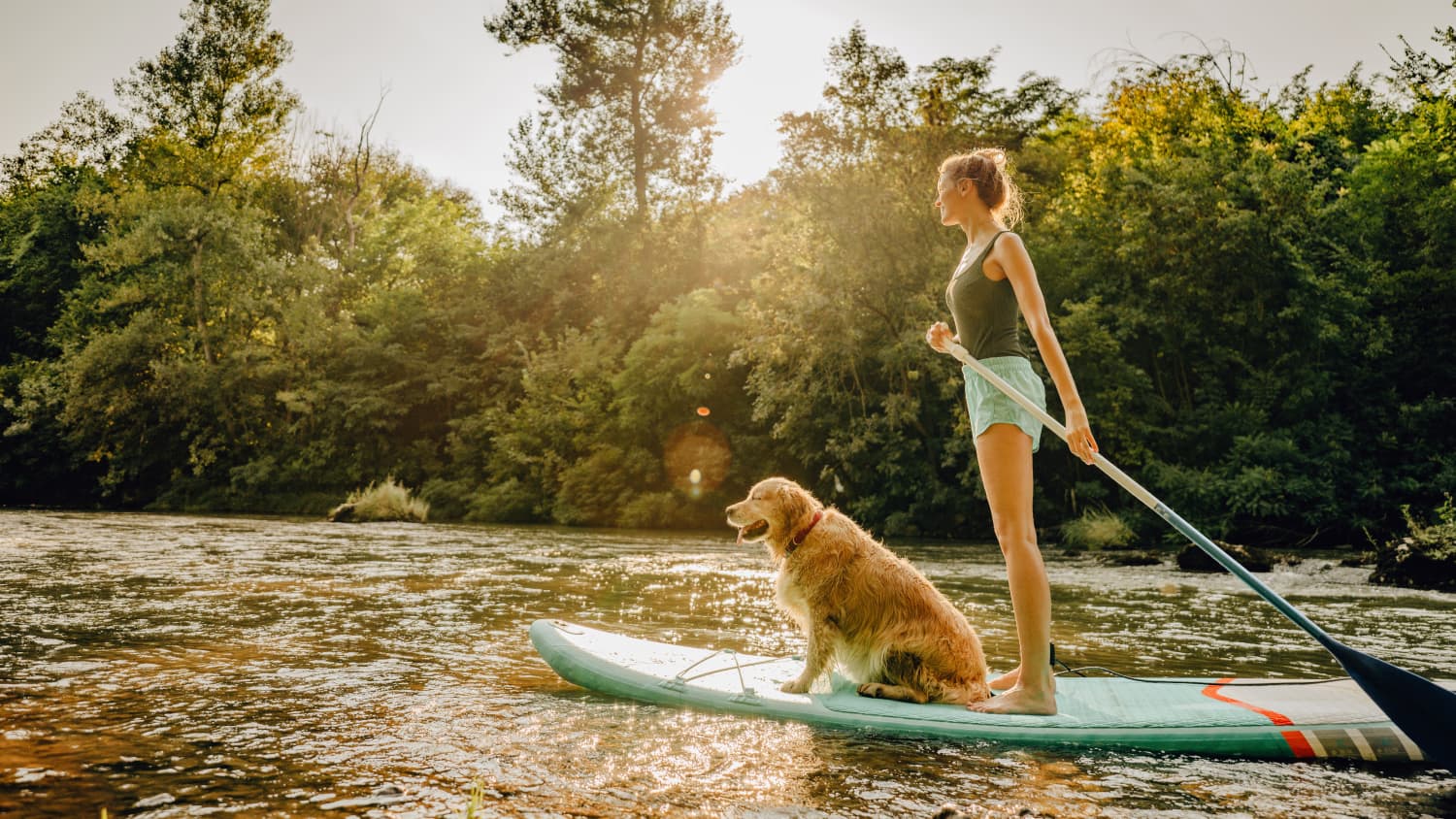 woman and her dog standing on a paddle boat, representing resilience during the COVID-19 pandemic