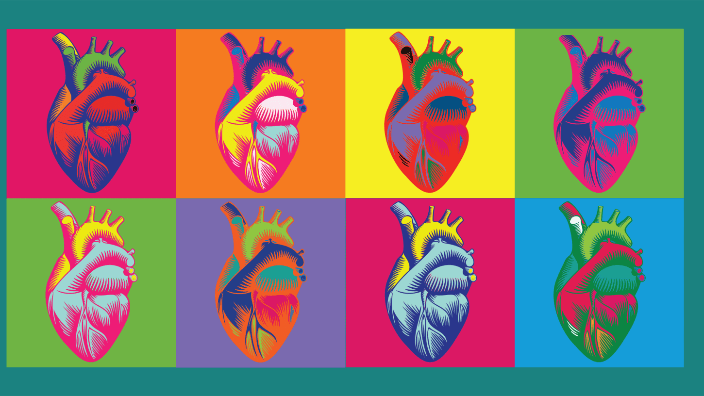 Multi-Colored anatomical hearts on multi-colored backgrounds
