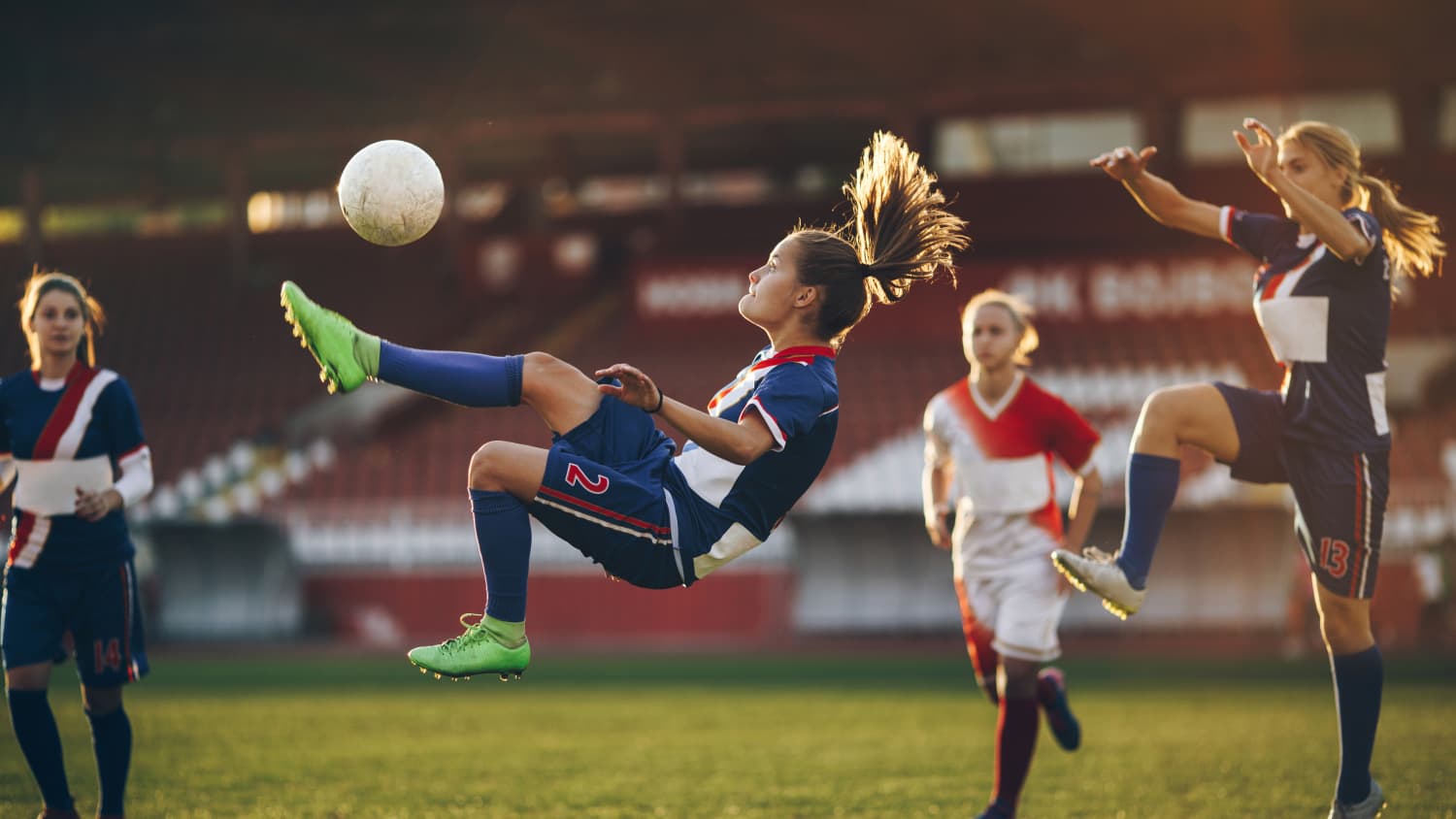 female soccer in action after ACL surgery