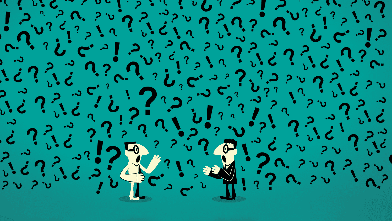 Illustration of two characters with question marks and exclamation marks