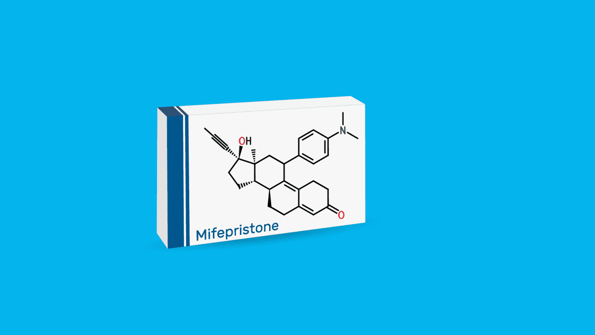 illustration of mifepristone package, as part of the medication abortion regimen