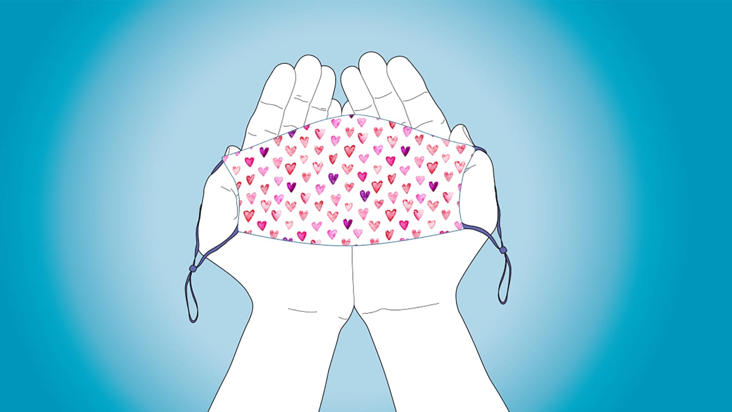 illustration of hands holding a mask with a heart pattern on it
