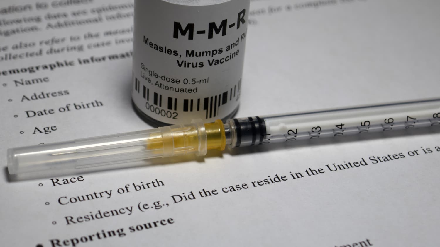 A vial of the MMR (measles, mumps, rubella) vaccine for a story about booster shots.