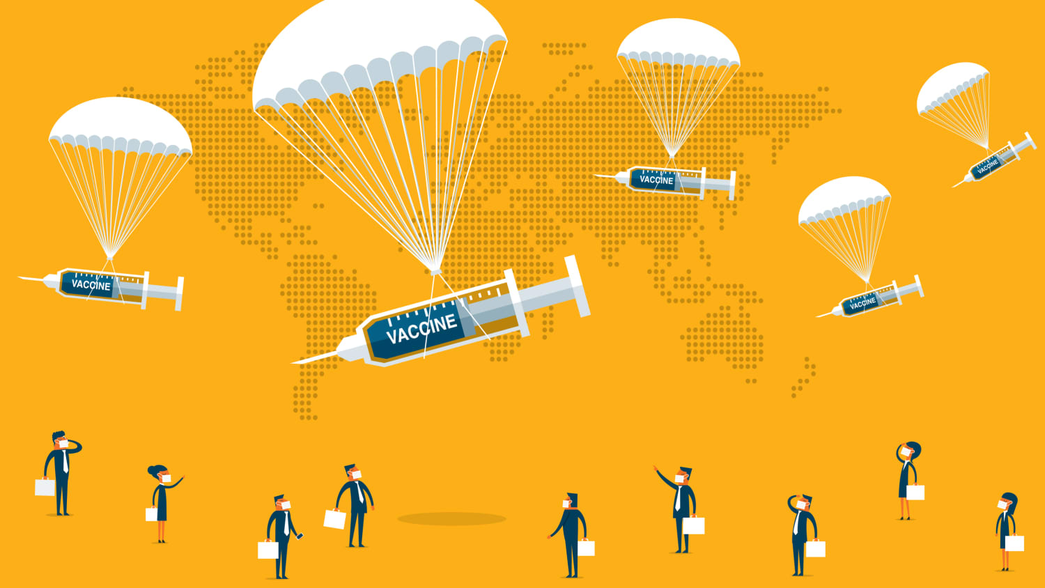 an illustration image of parachuting covid-19 vaccines dropping from the sky to recipients below