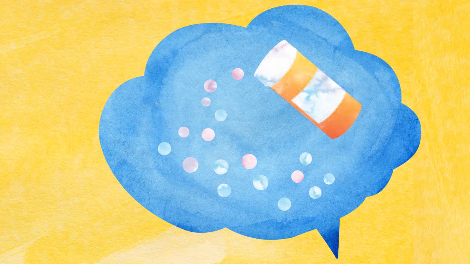 An illustration of a blue speech bubble is shown with pills and a prescription bottle inside.