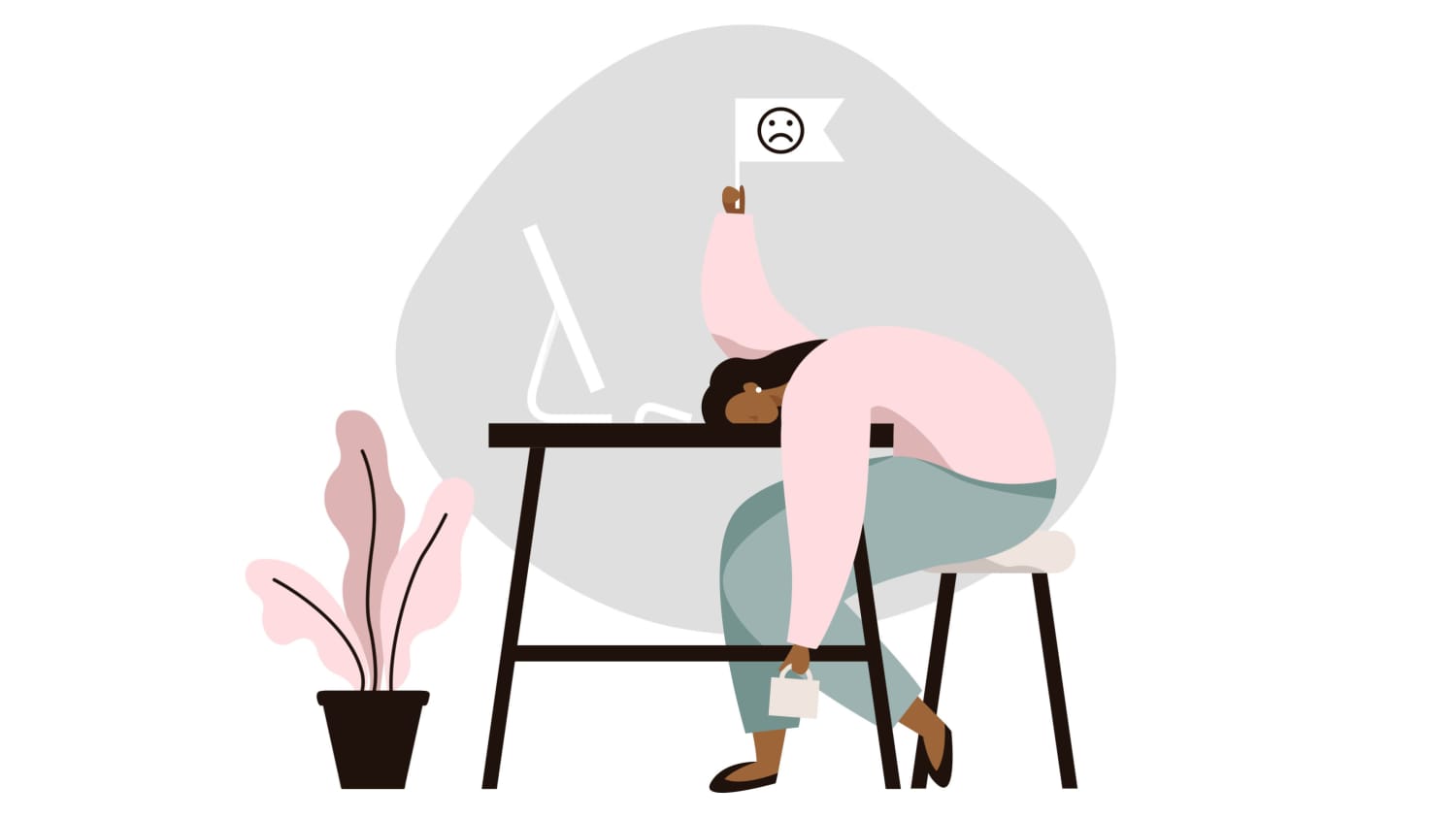 Illustration of woman, possibly depressed, anxious, or stressed at a desk slumped over raising a white flag with an unhappy face on it.