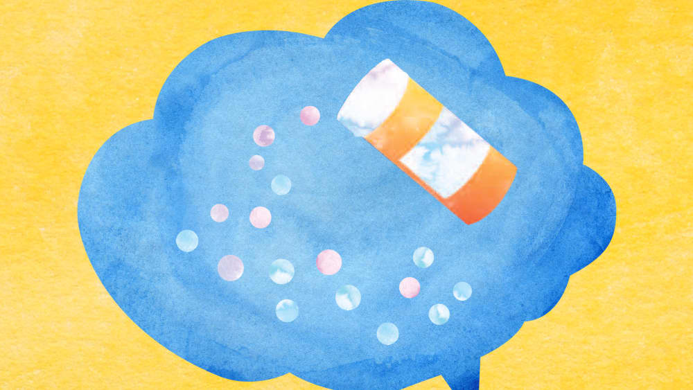 An illustration of a blue speech bubble with a prescription bottle and pills inside it.