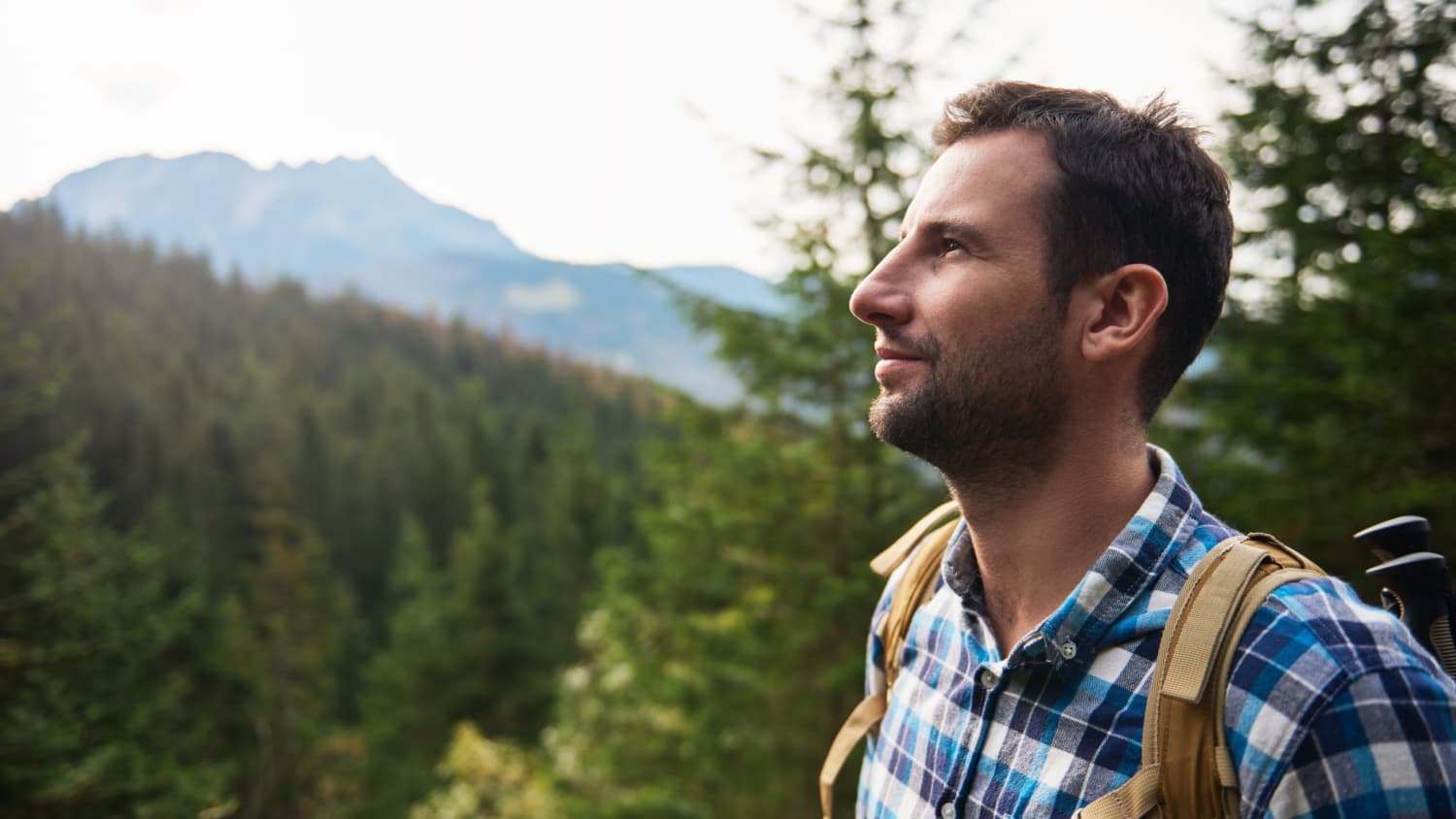 Male hiker admiring the view high up in the hills.