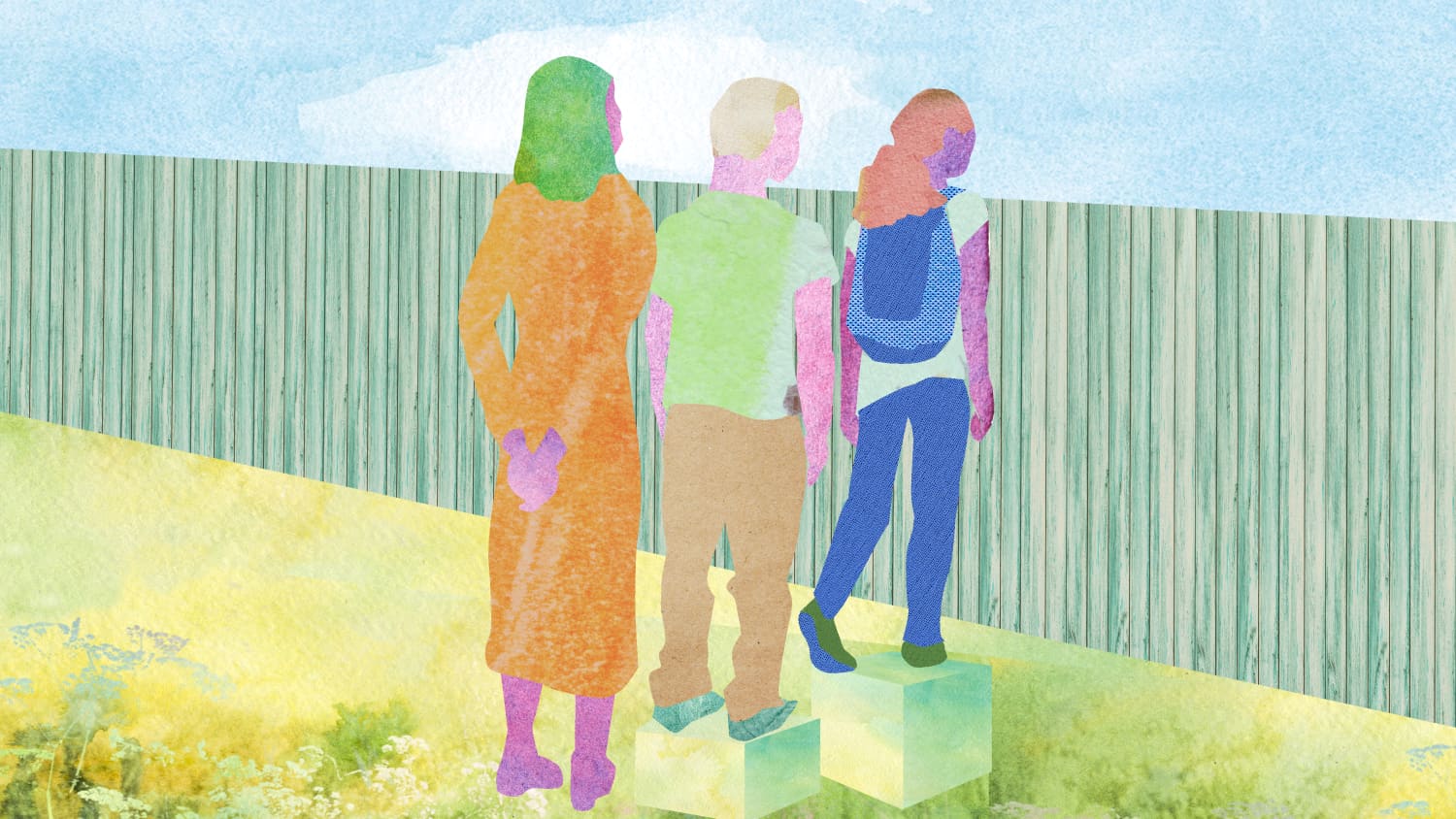 Illustration showing three people looking over a fence, representing health equity