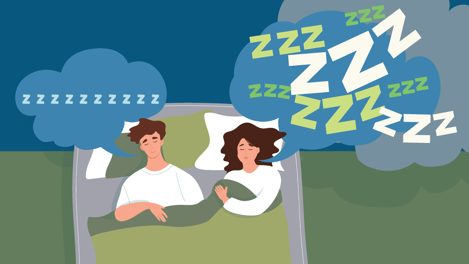 An illustration of a couple snoring in bed. Large speech bubbles with 'zzzzz' appear above each person's head.