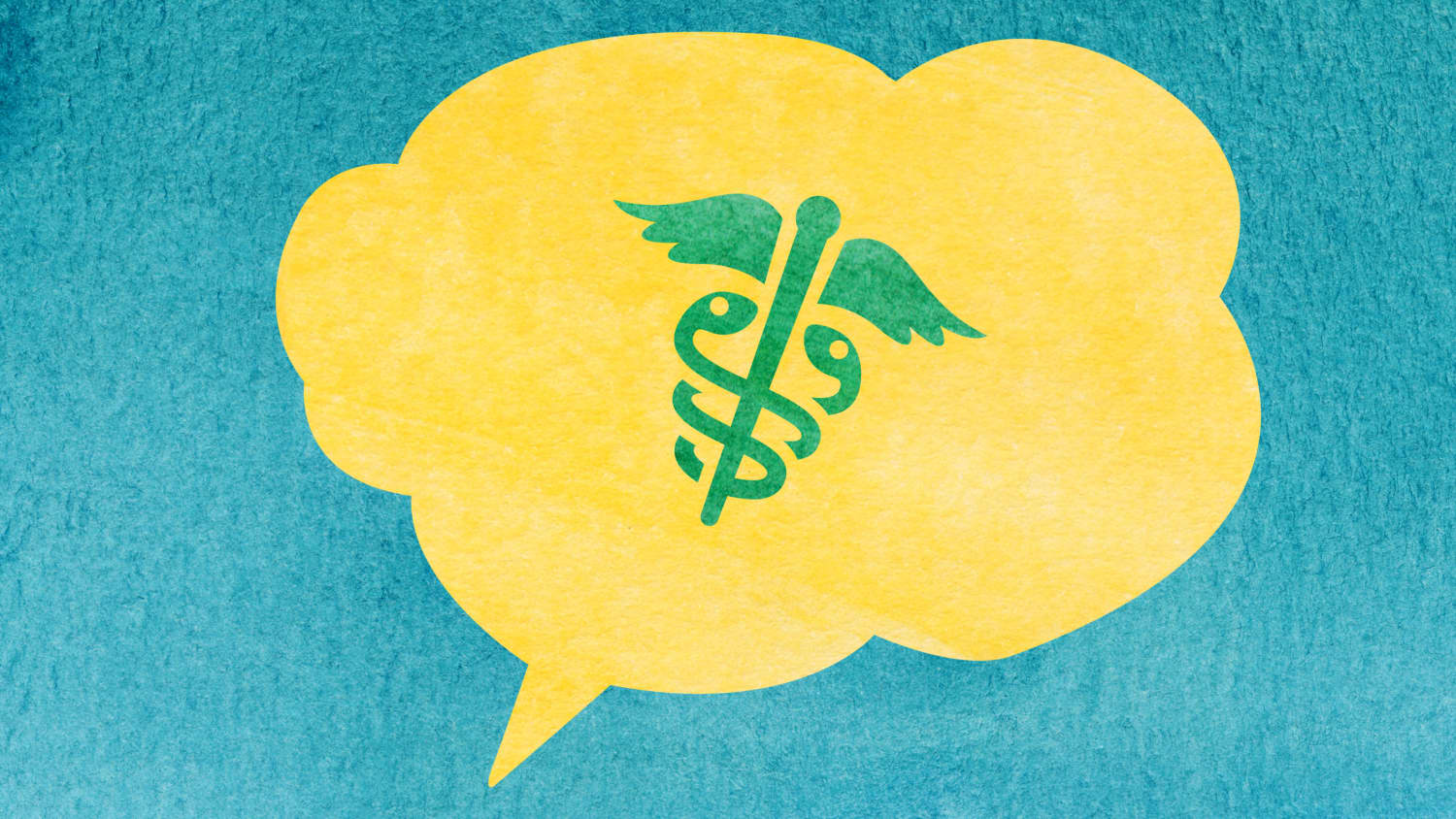 watercolor illustration of a yellow speech bubble with caduceus inside on a teal background