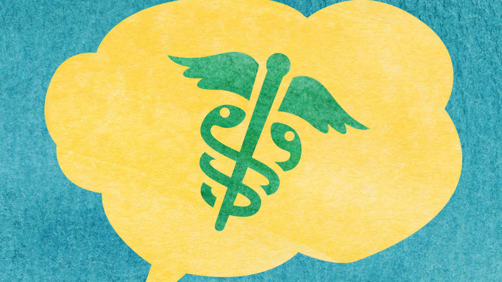 watercolor illustration of a yellow speech bubble with caduceus inside against a teal background