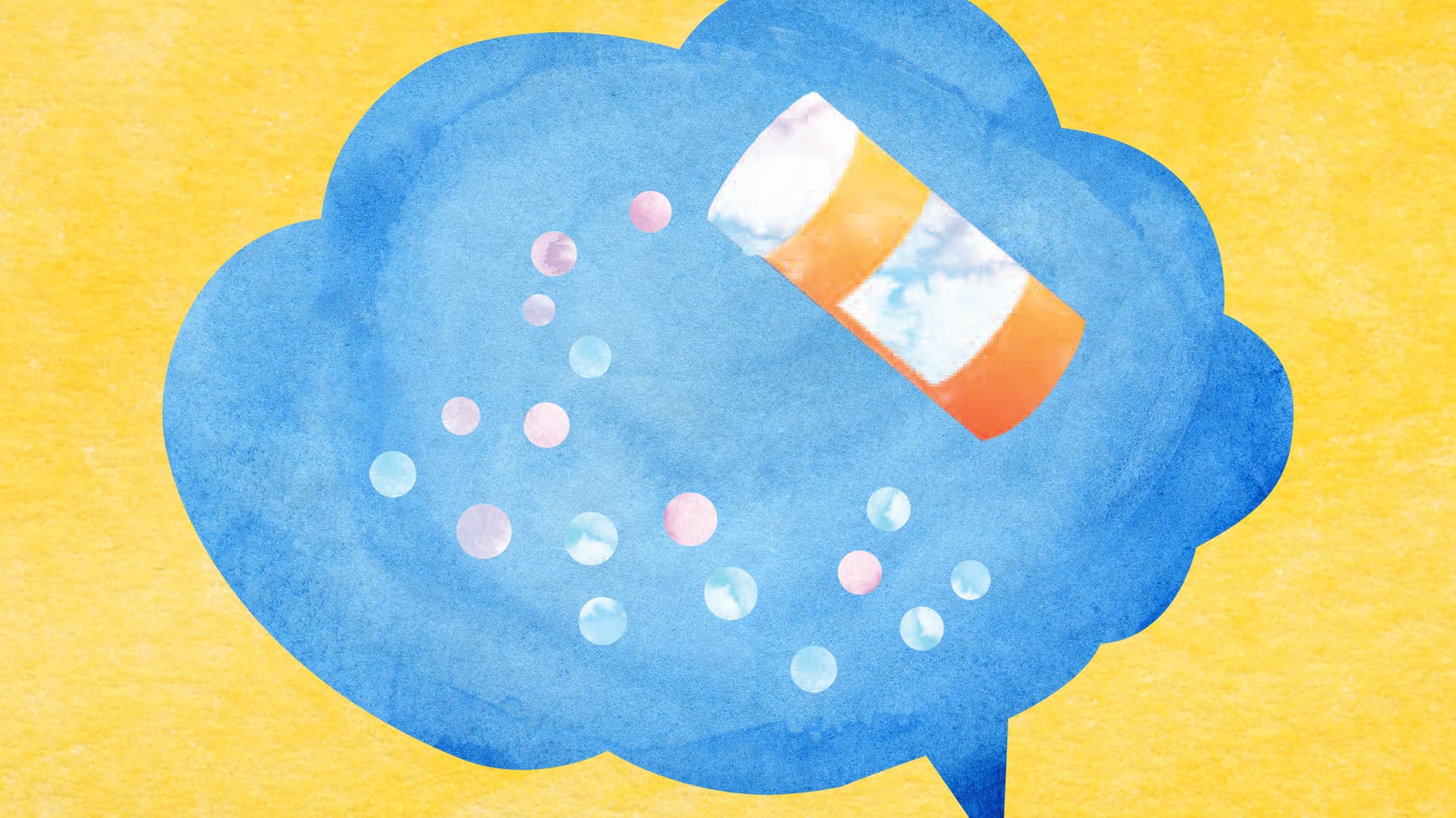 An illustration of a blue speech bubble with a prescription bottle and pills inside it.