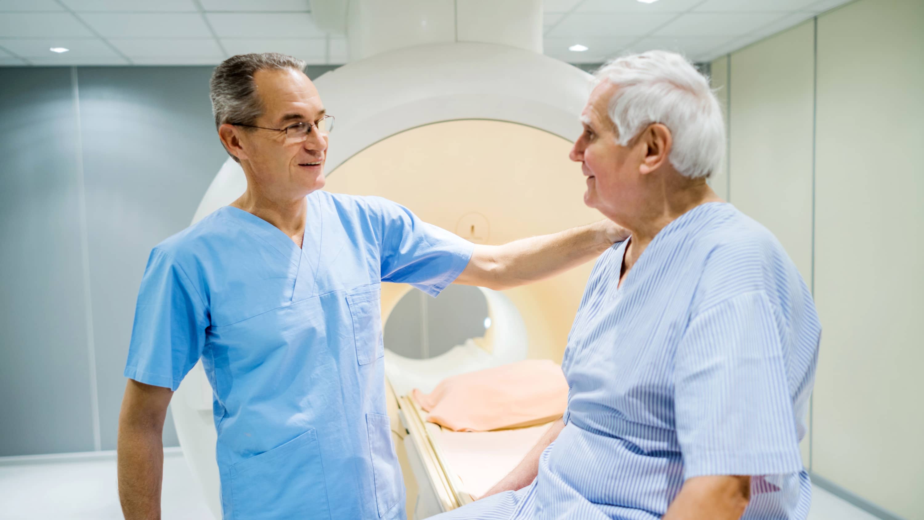 A doctor discusses Stereotactic Body Radiotherapy with a patient.