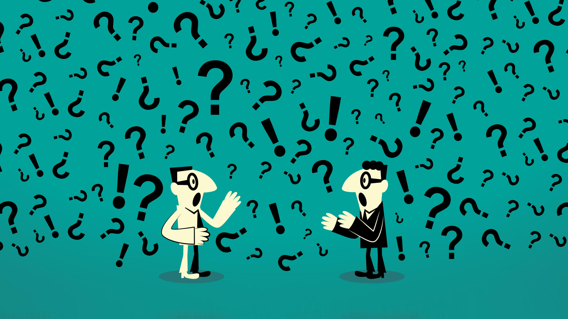 Illustration of two characters with question marks and exclamation marks