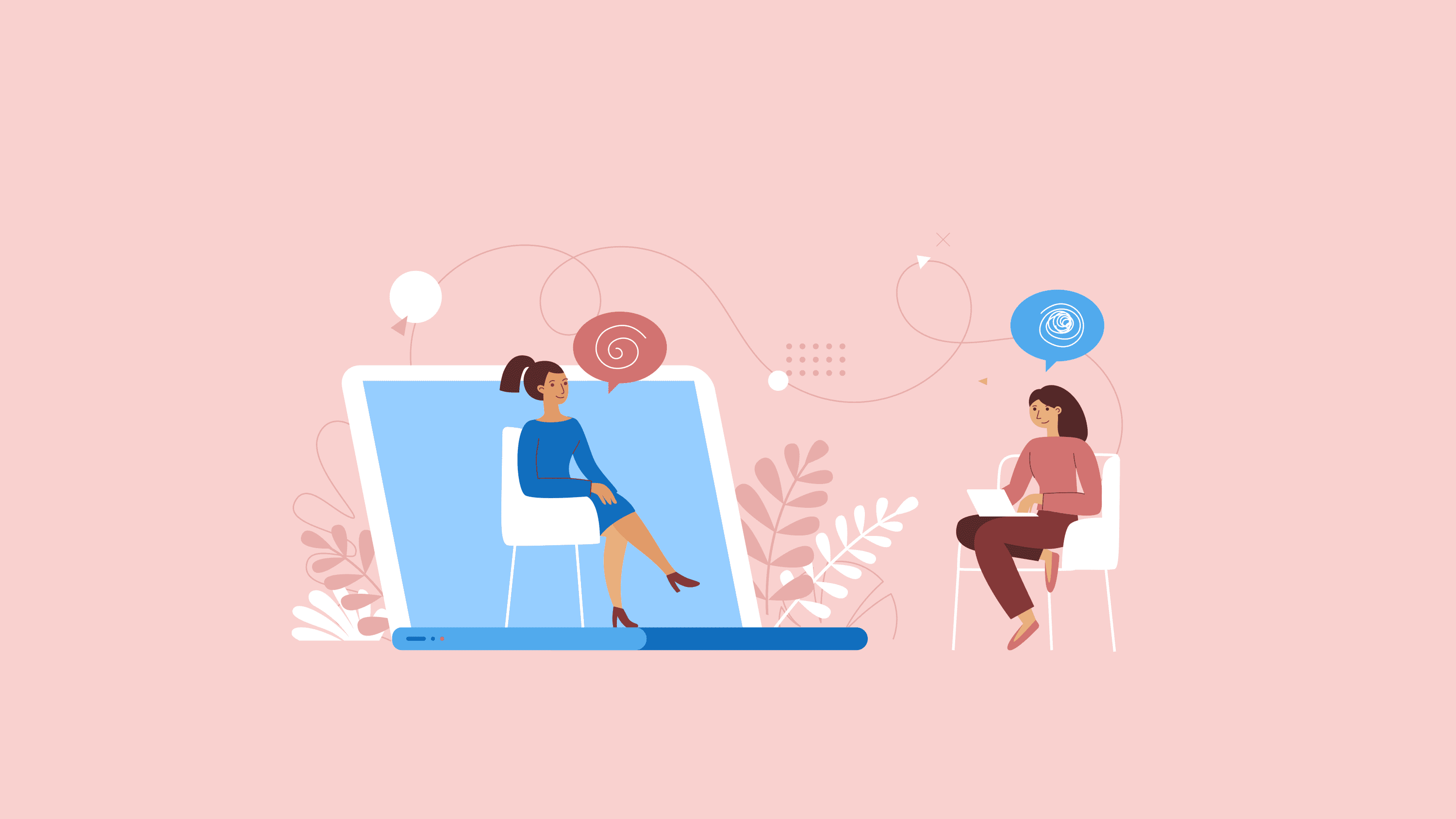 An illustration of patient talking to a therapist from her computer.
