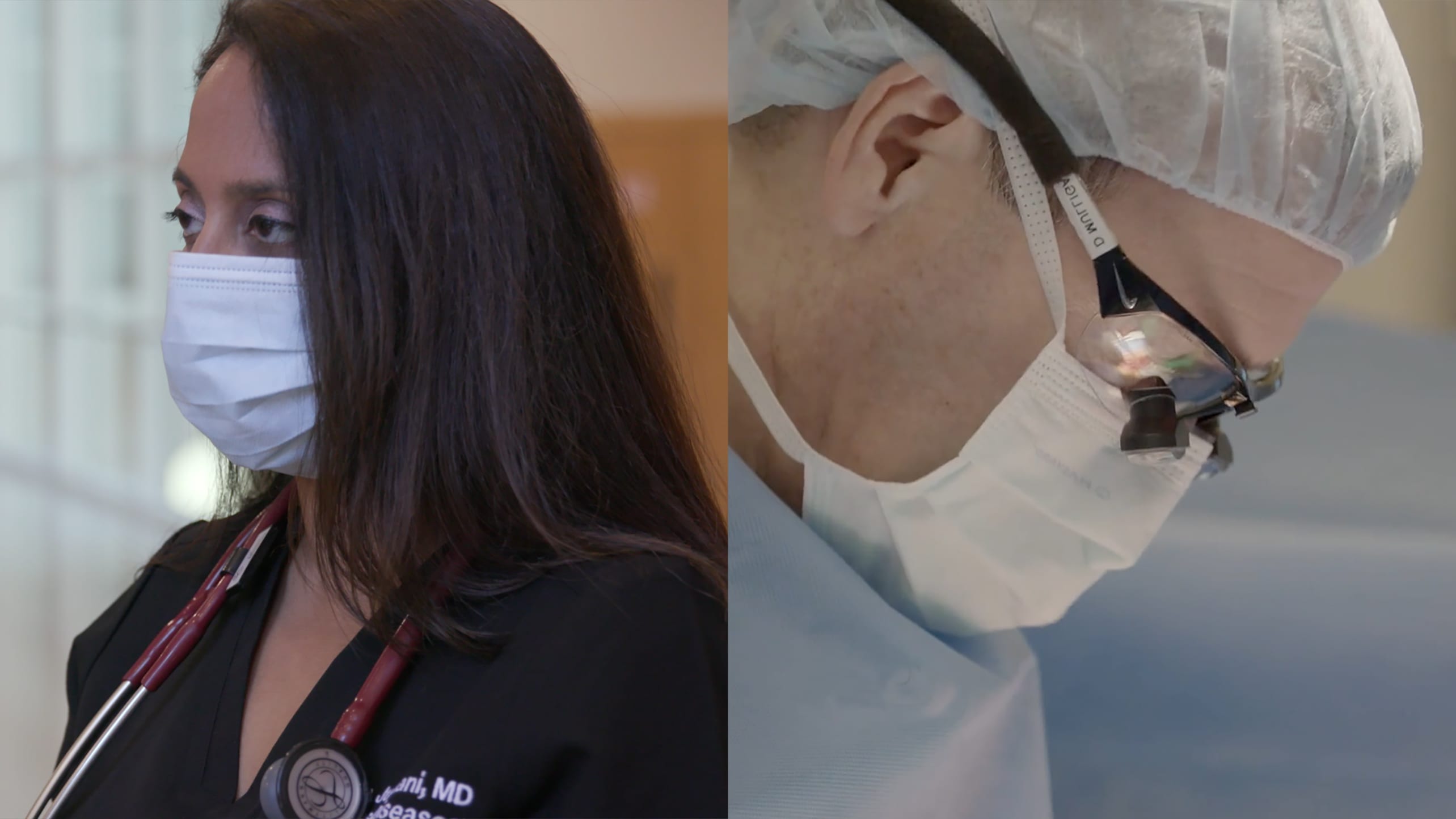 A split screen of a surgeon operating and a doctor speaking to someone with a mask on.