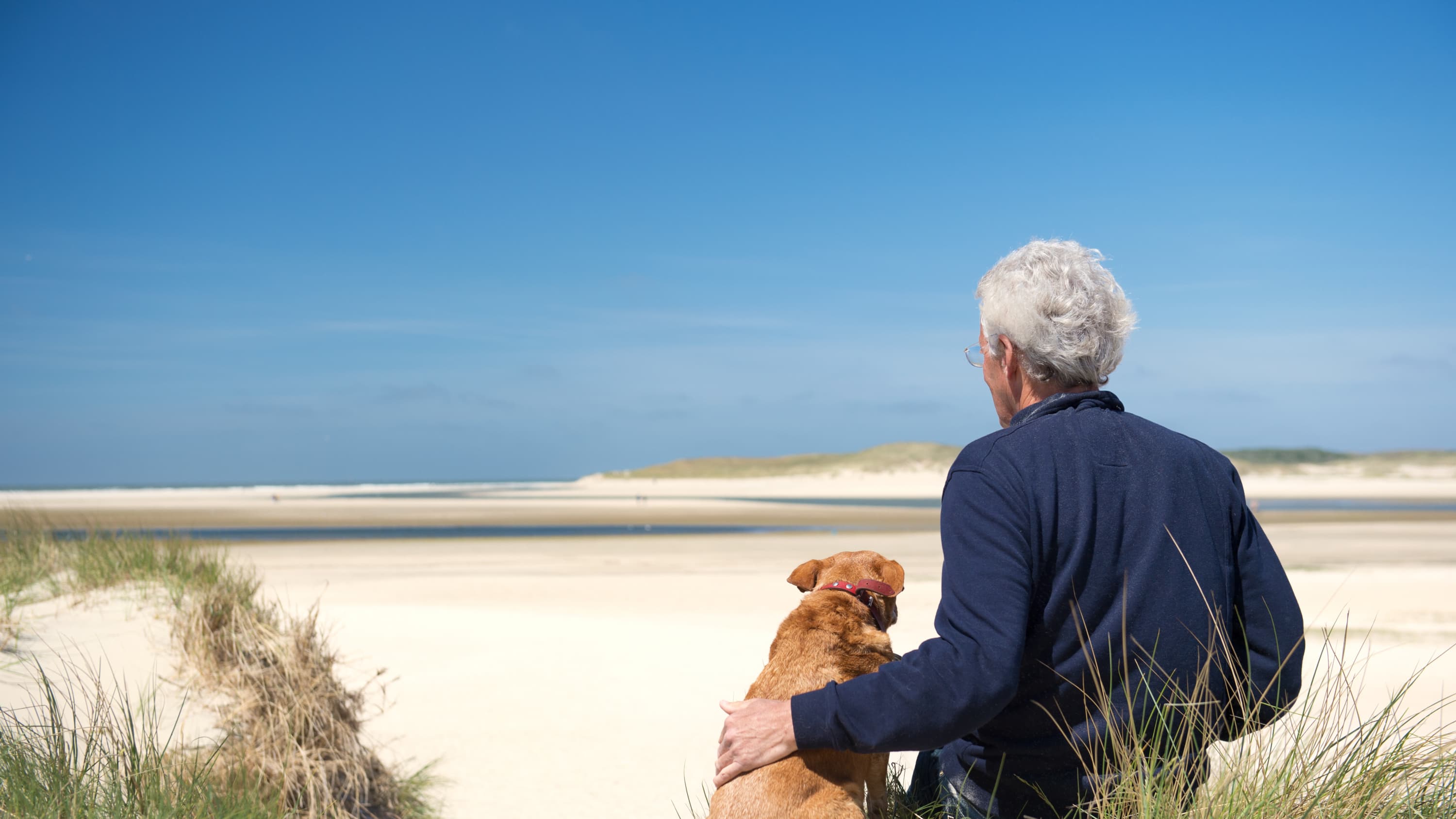 A 60-something year old man, possibly thinking about psoriasis, sits on the beach with his dog.