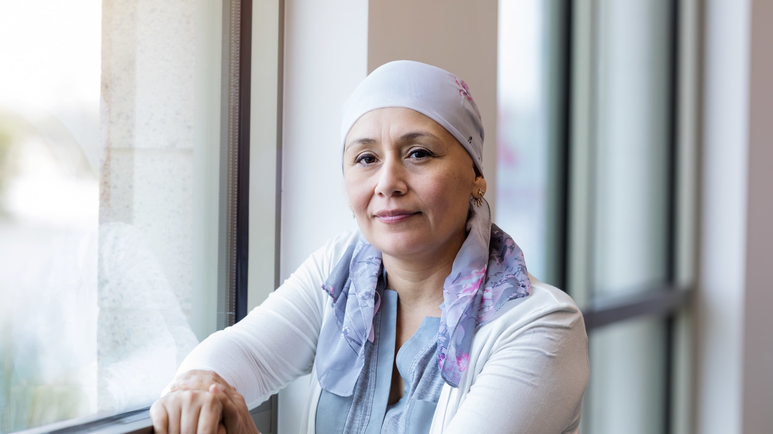Middle-aged woman fighting cancer, after having a sentinel lymph node biopsy