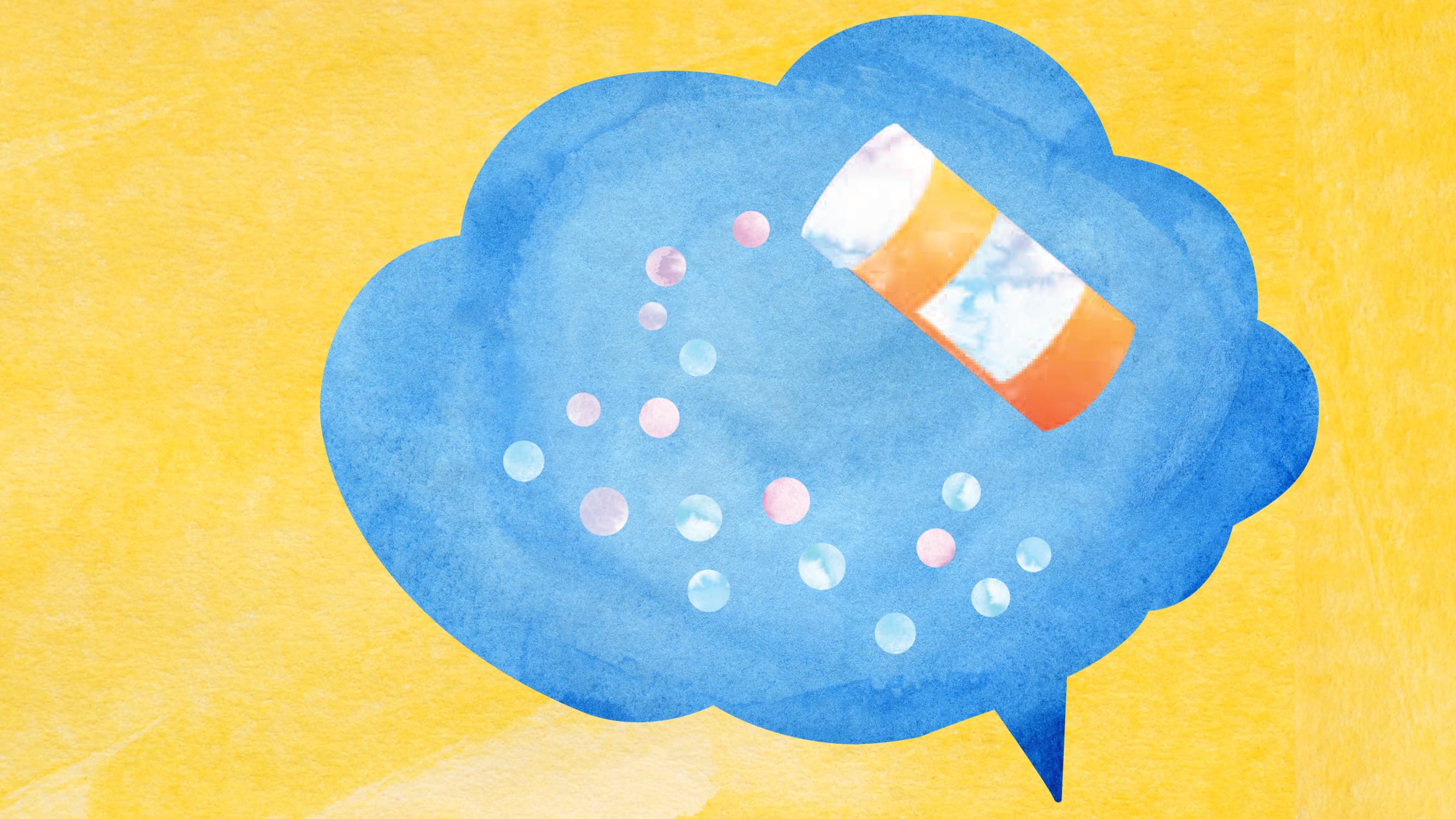 An illustration of a blue speech bubble is shown with pills and a prescription bottle inside.