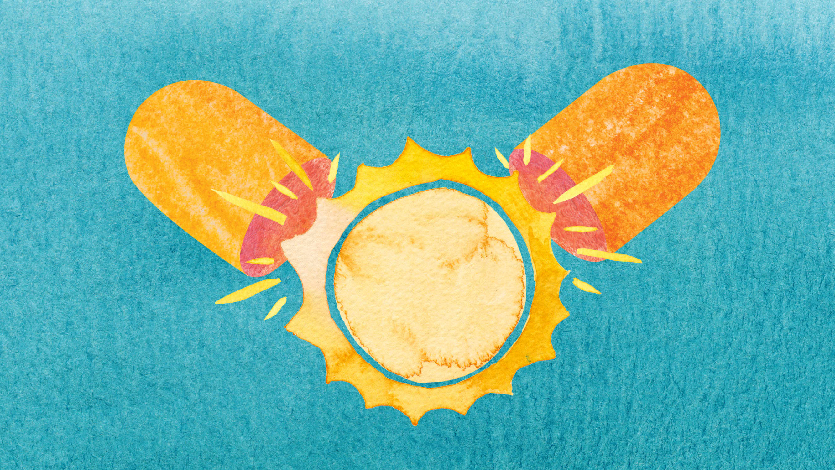Artwork depicting sun in a capsule, representing Vitamin D