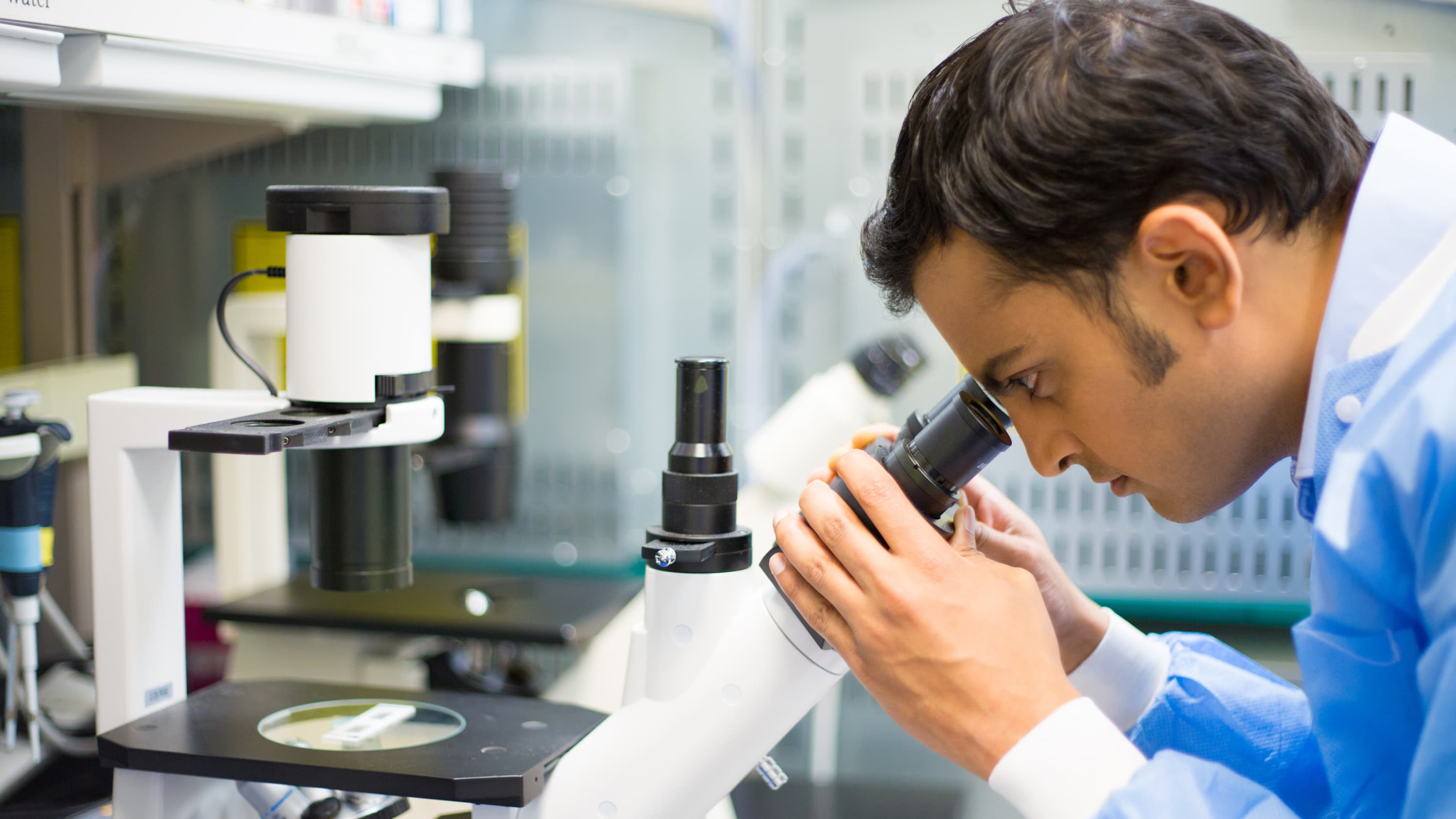 A man looks through a microscope at a tissue sample of kidney disease.