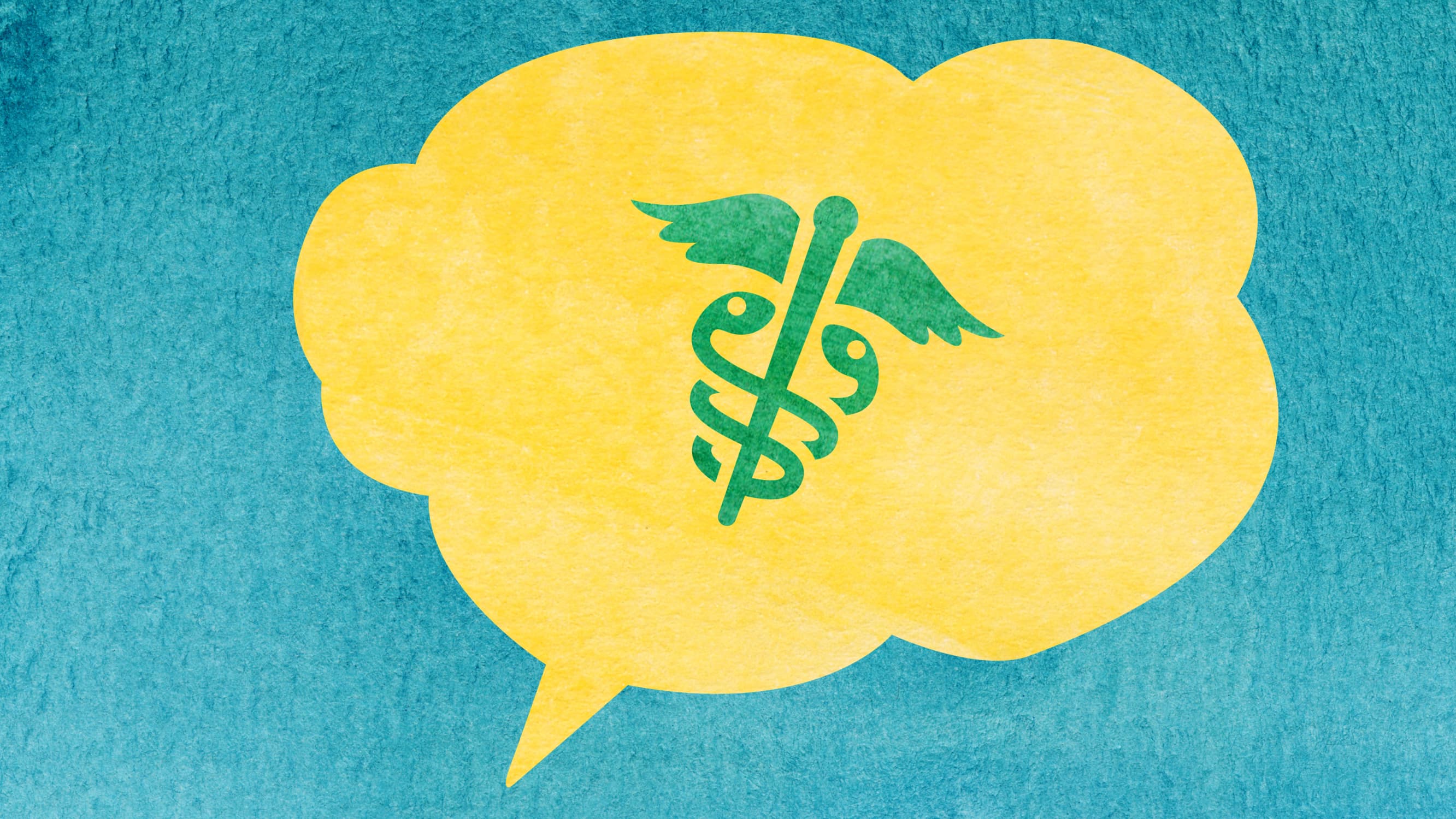 watercolor illustration of a yellow speech bubble with caduceus inside on a teal background