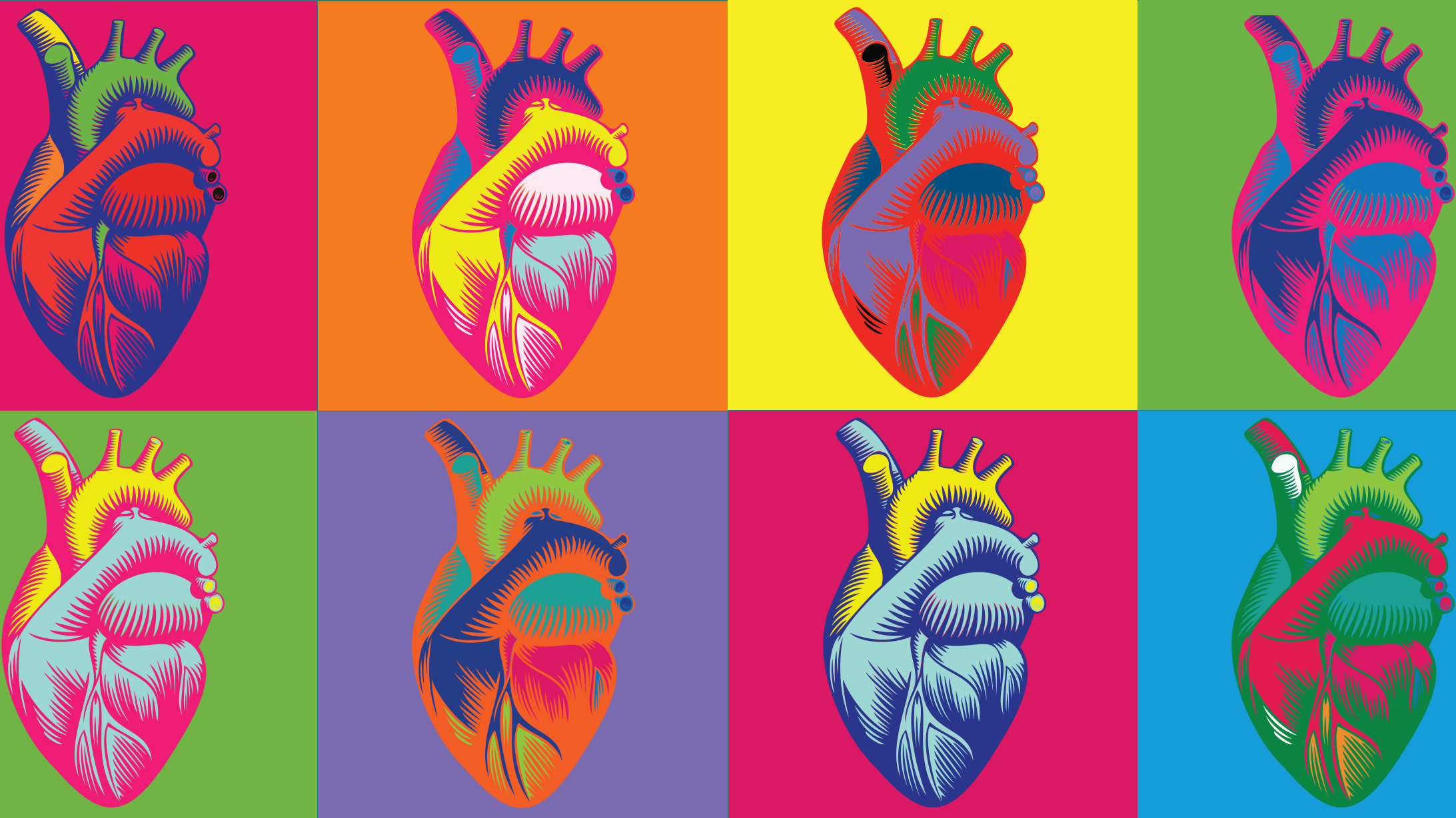 Multi-Colored anatomical hearts on multi-colored backgrounds