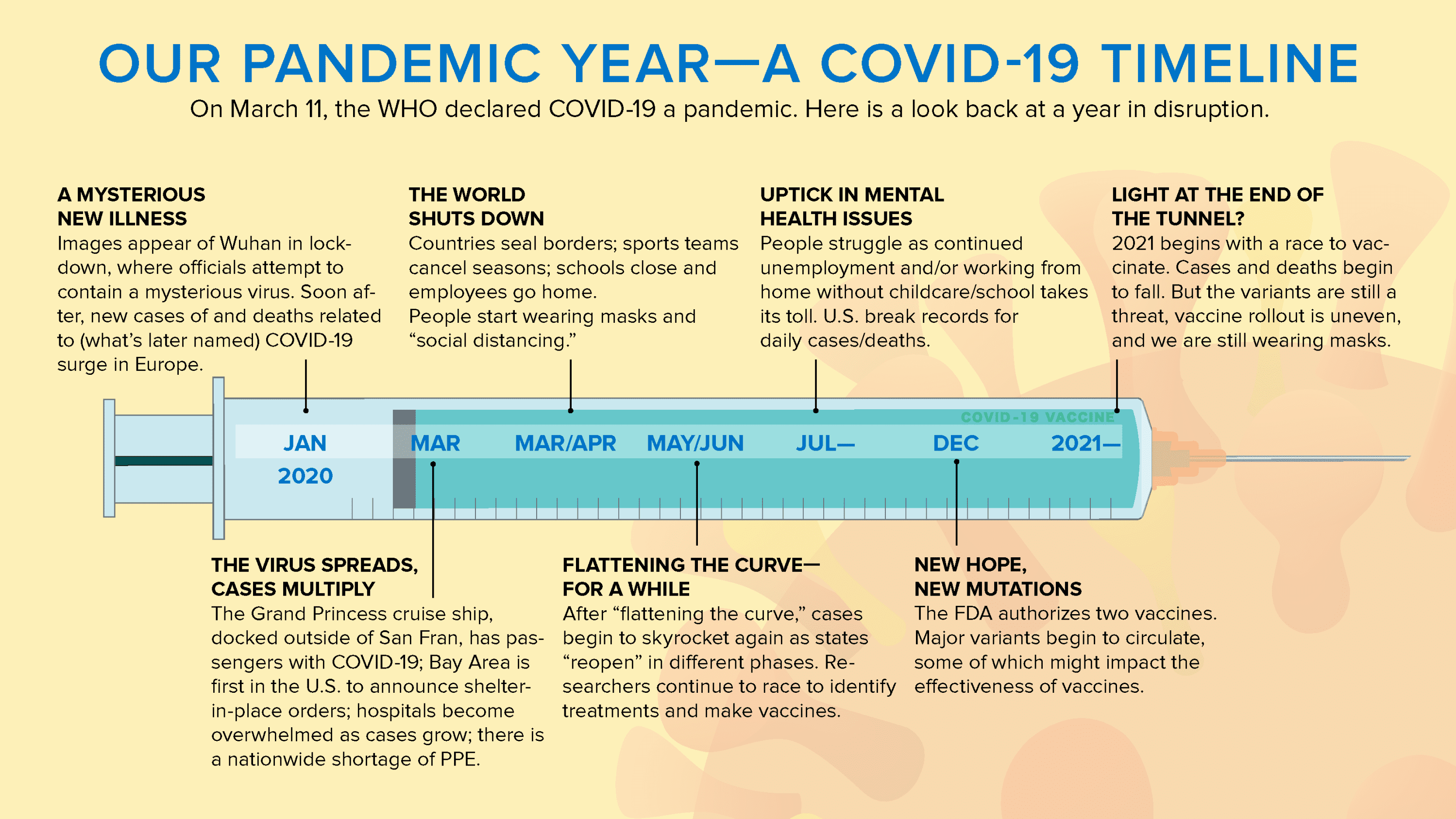 a timeline infographic marking the highlights of the first year of the pandemic