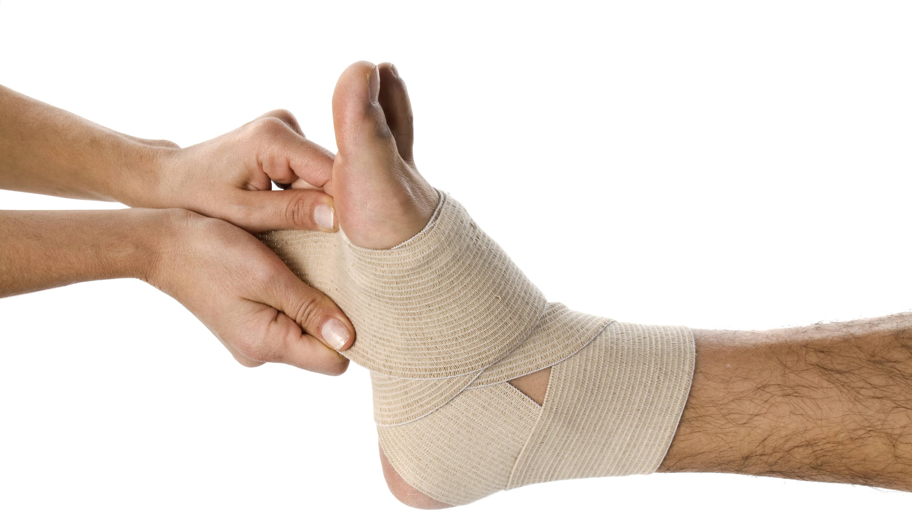a foot wrapped in bandage, possibly from a stress fracture
