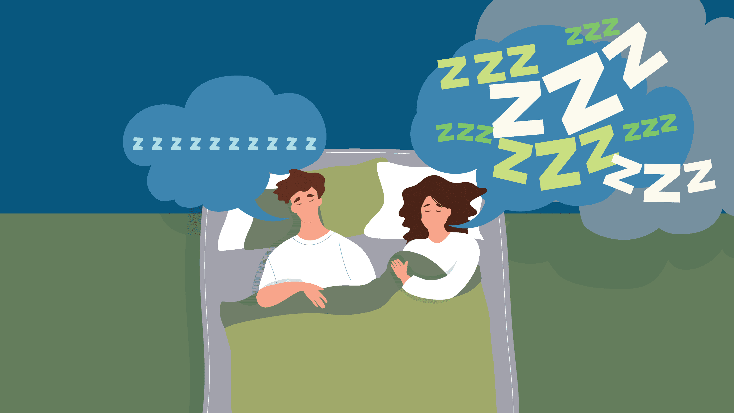 An illustration of a couple snoring in bed. Large speech bubbles with 'zzzzz' appear above each person's head.