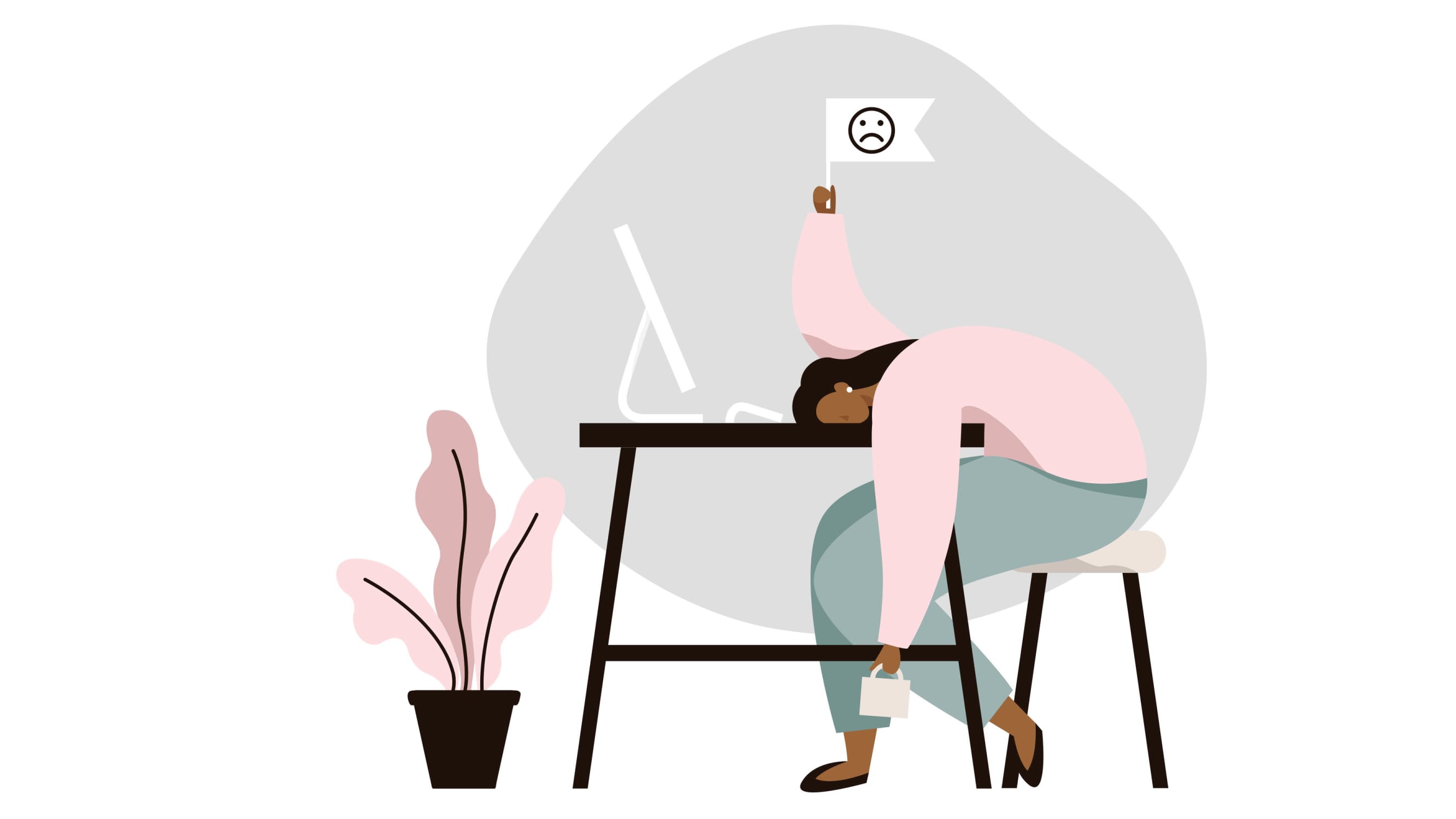 Illustration of woman, possibly depressed, anxious, or stressed at a desk slumped over raising a white flag with an unhappy face on it.