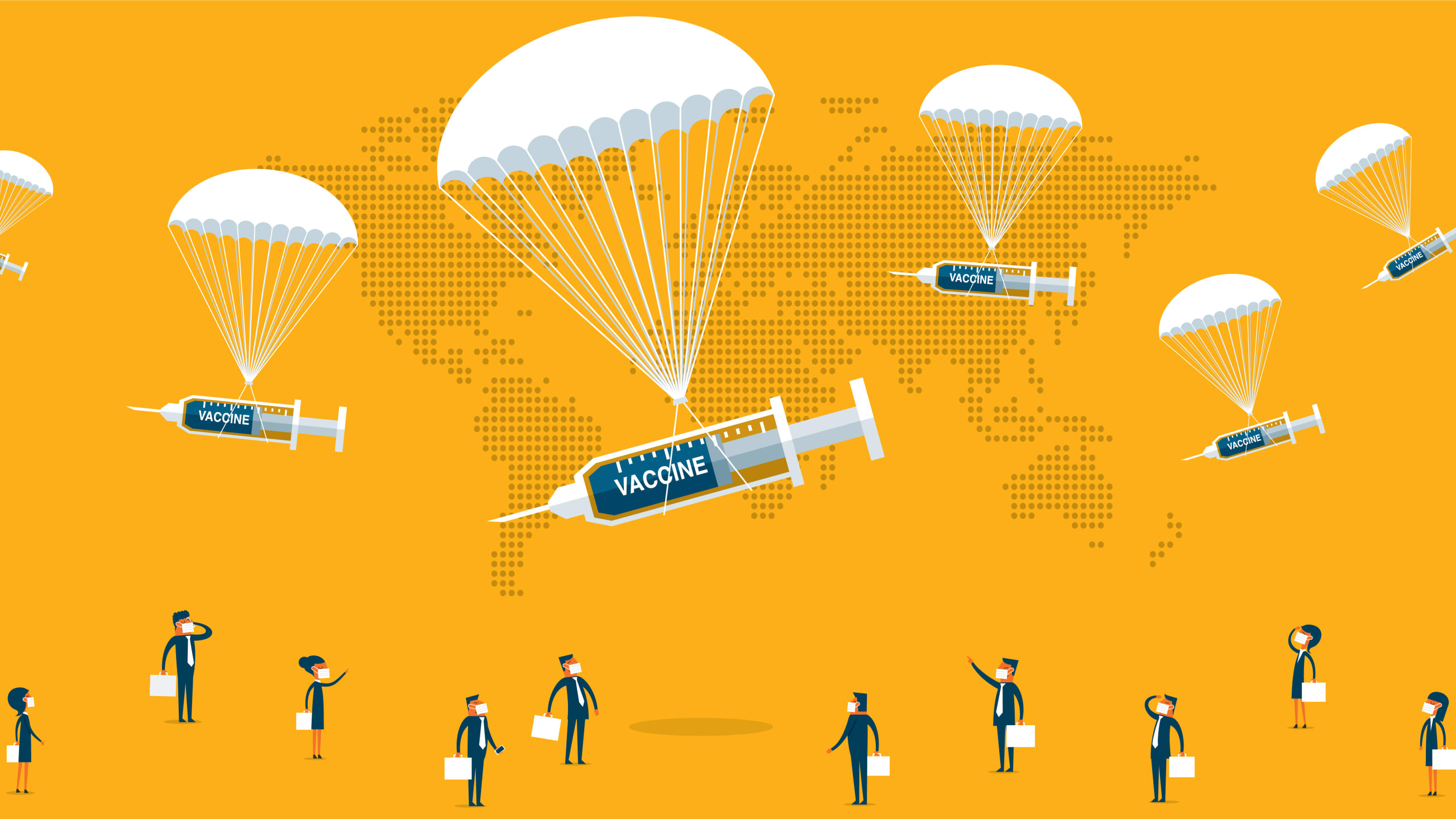 an illustration image of parachuting covid-19 vaccines dropping from the sky to recipients below