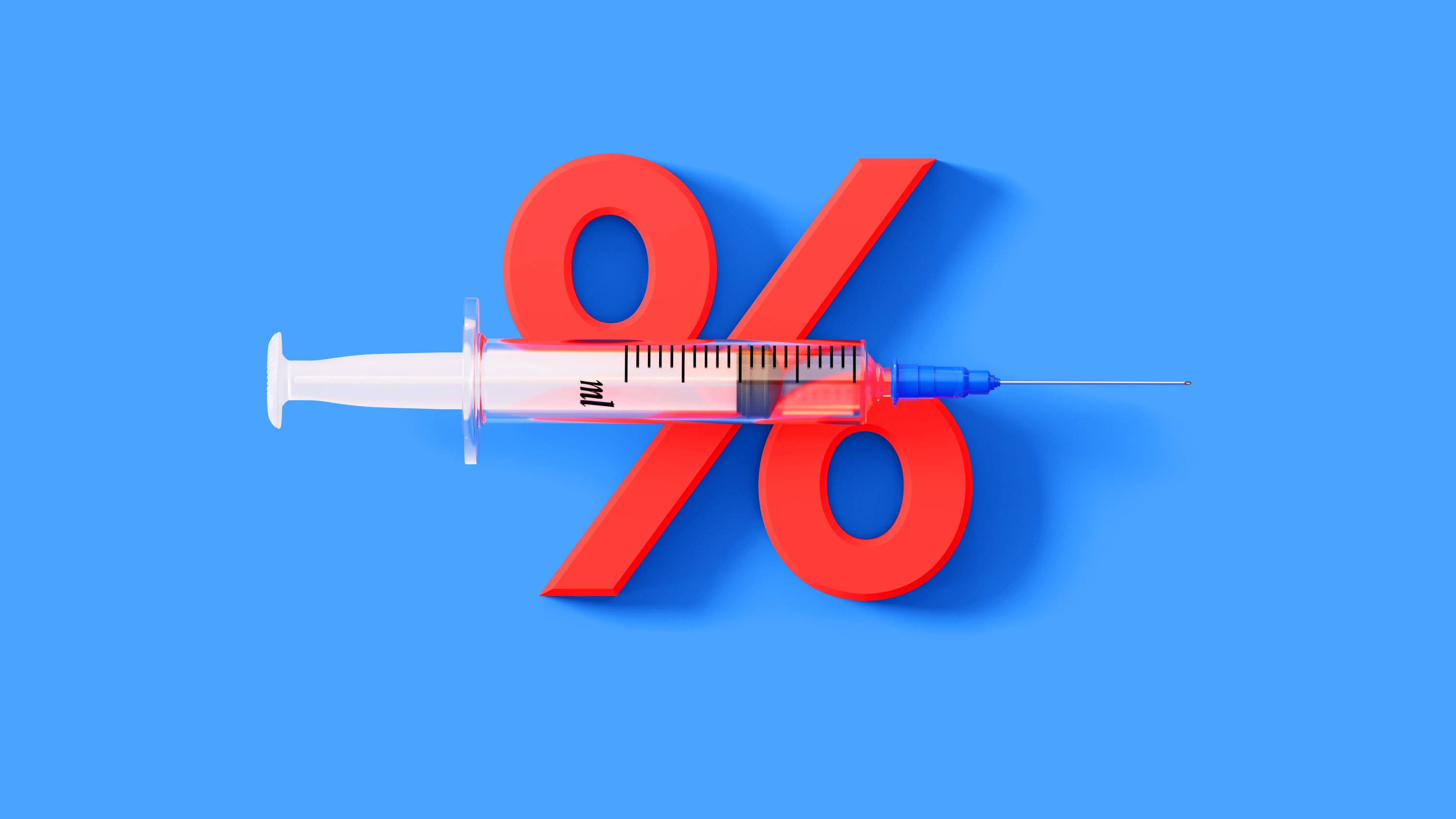 illustration of covid-19 vaccine and percentage sign, representing the difference between efficacy and effectiveness