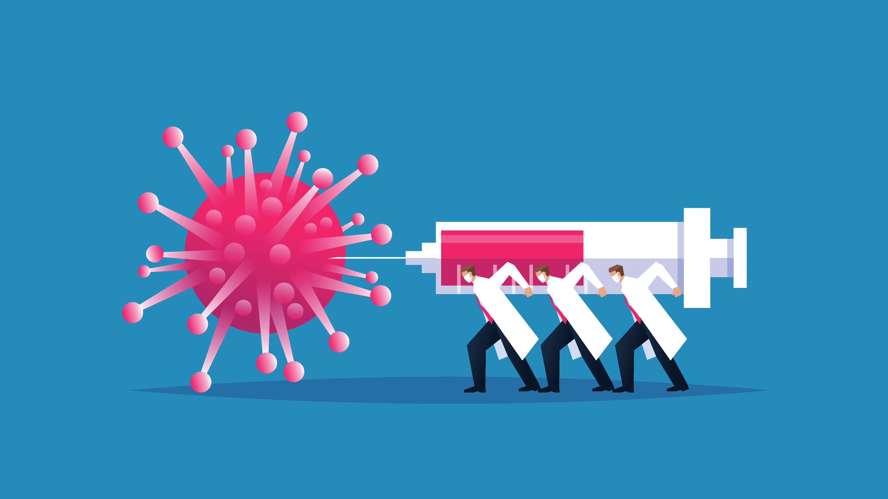 illustration of doctors with a giant vaccine syringe heading toward a coronavirus