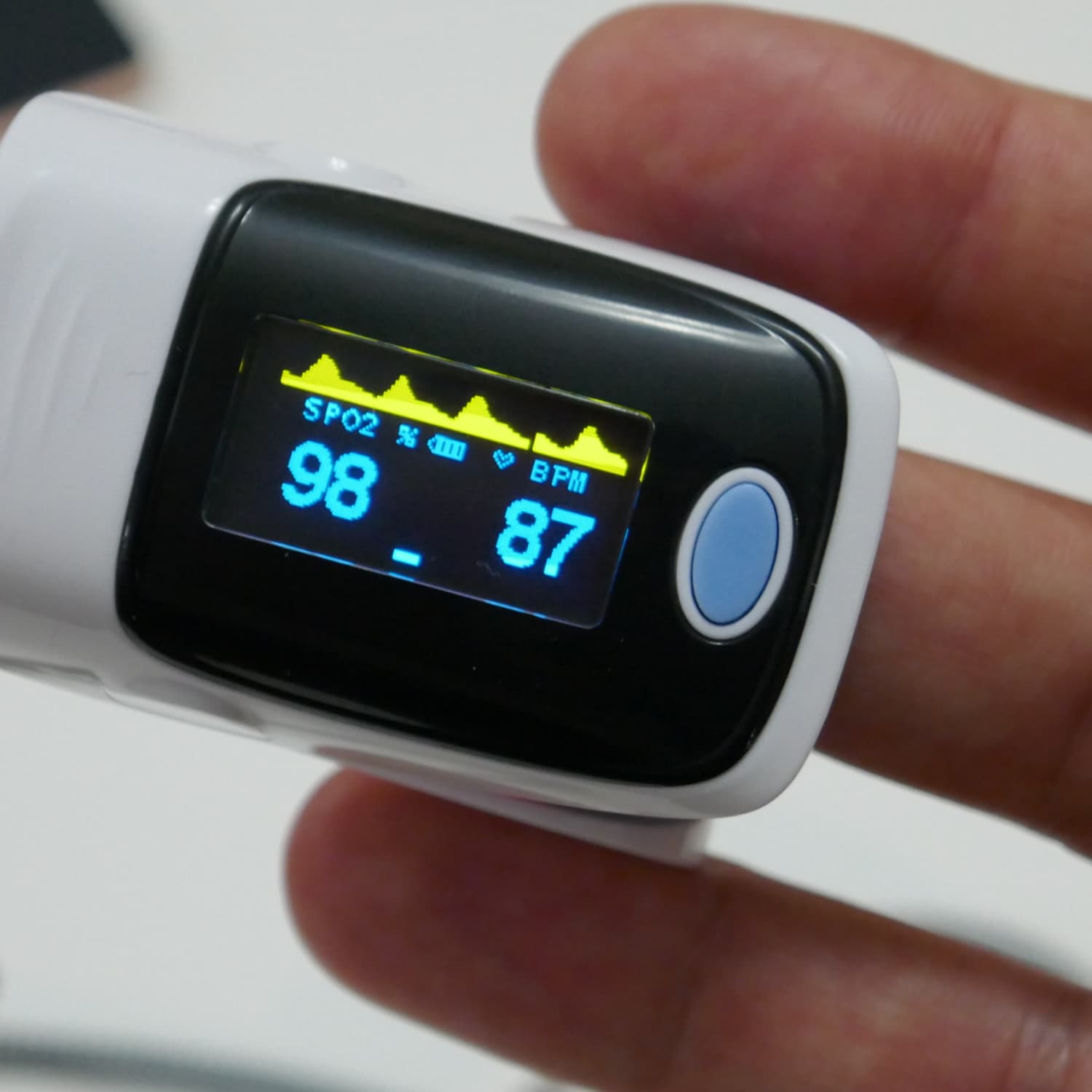 Oxygen saturation monitor with finger clip (the patient is breathing