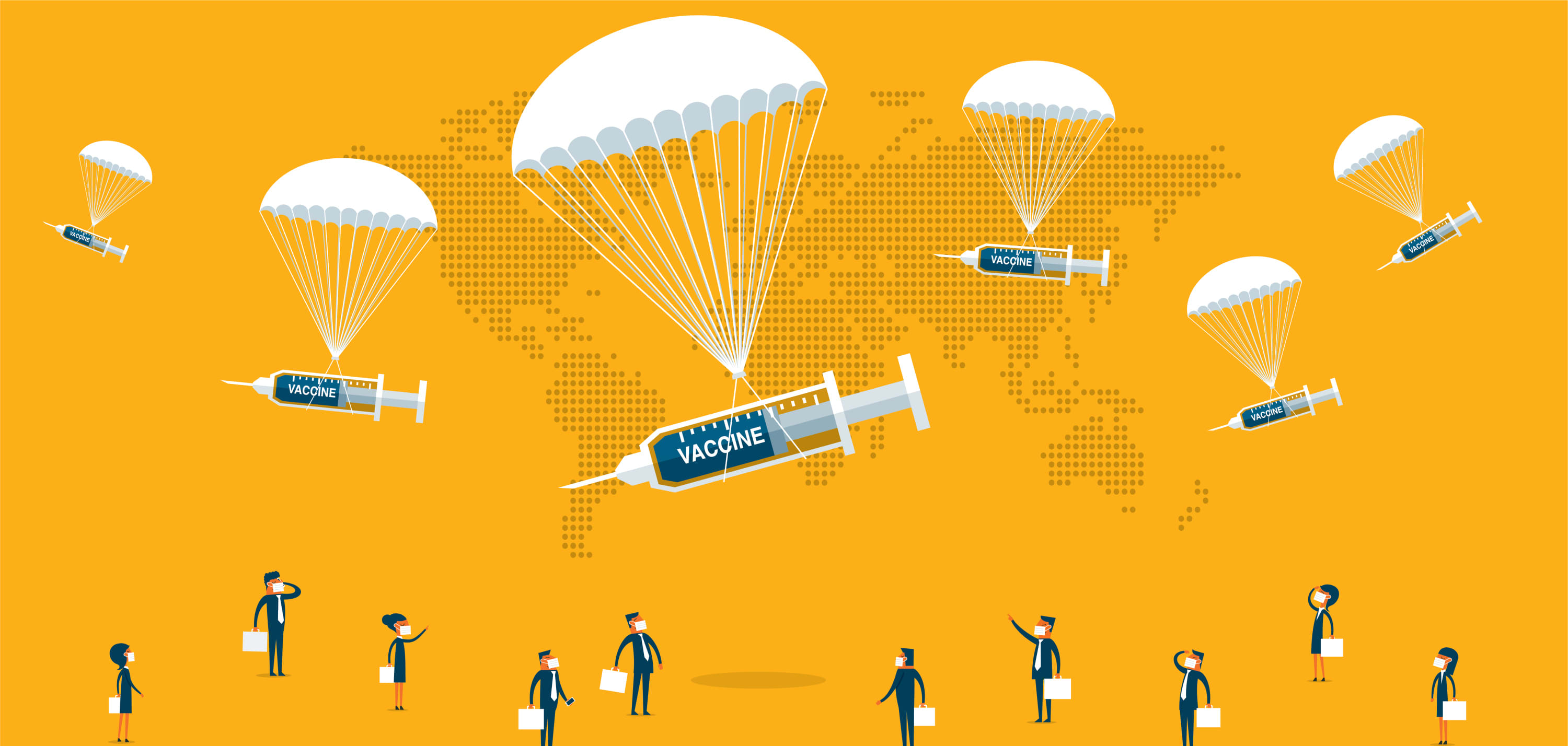 an illustration image of parachuting covid-19 vaccines dropping from the sky to recipients below