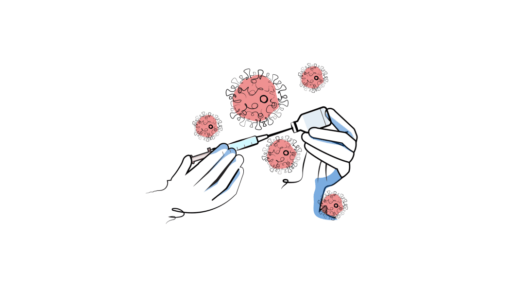 An illustration of gloved hands pulling a syringe from a Covid-19 vaccine. Corona virus is floating in the background.