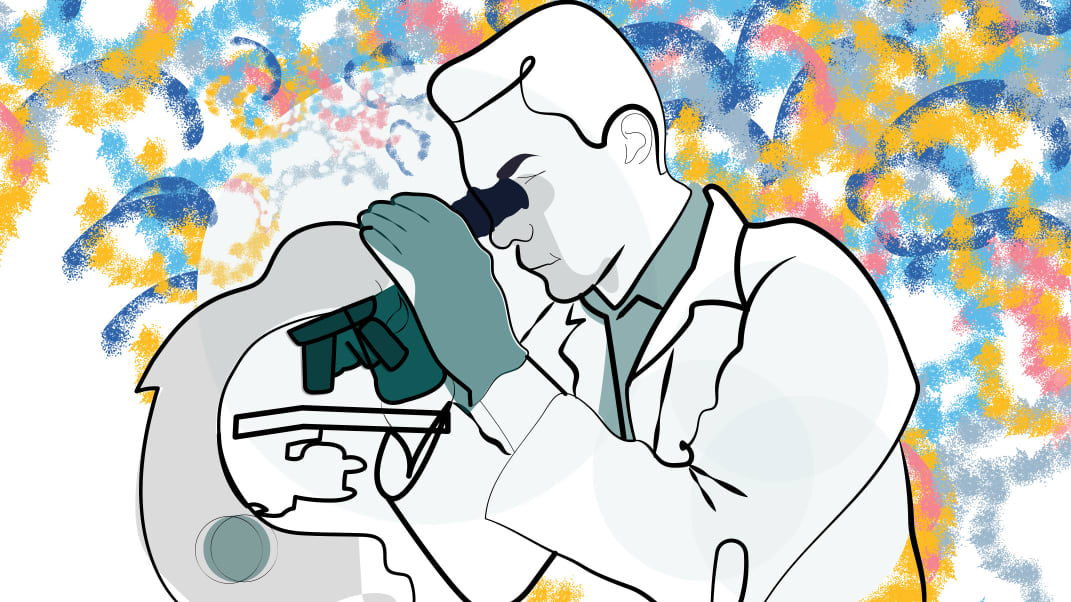 Illustration of a scientist looking into a microscope