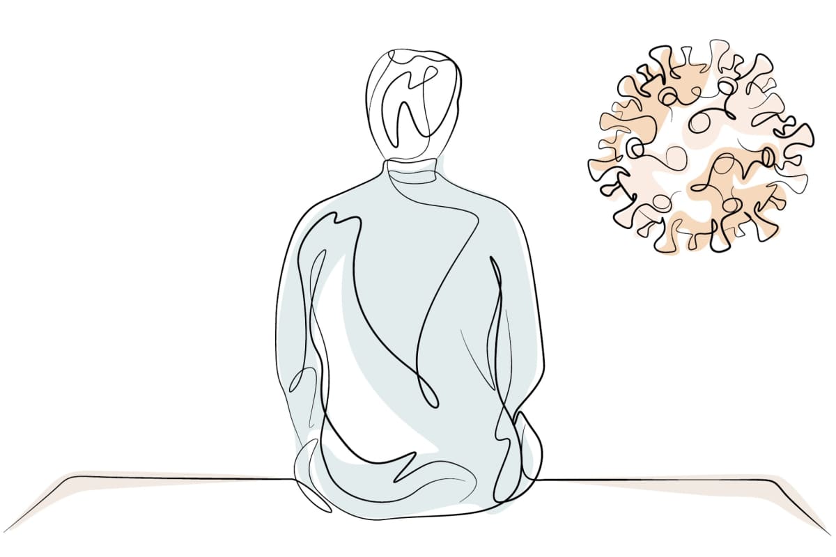 illustration of a person next to a sars-cov-2 virus