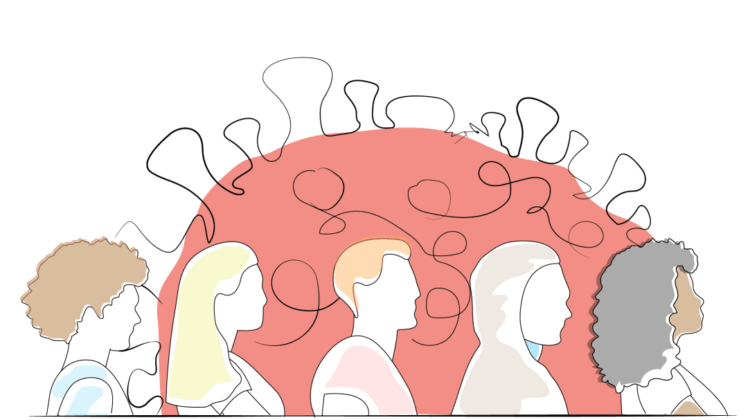 Illustration of Long COVID patients in front of a spike protein representing the SARS-CoV-2 virus.