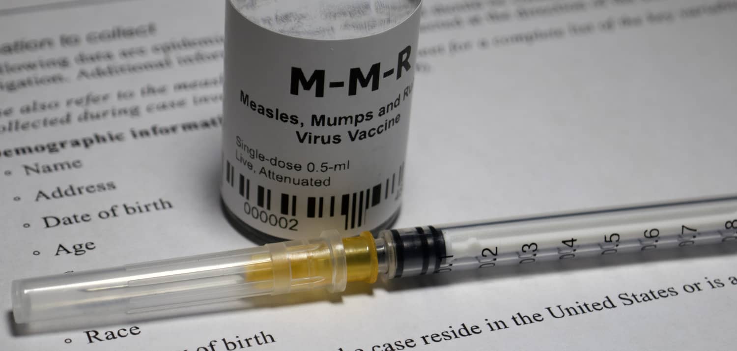 A vial of the MMR (measles, mumps, rubella) vaccine for a story about booster shots.