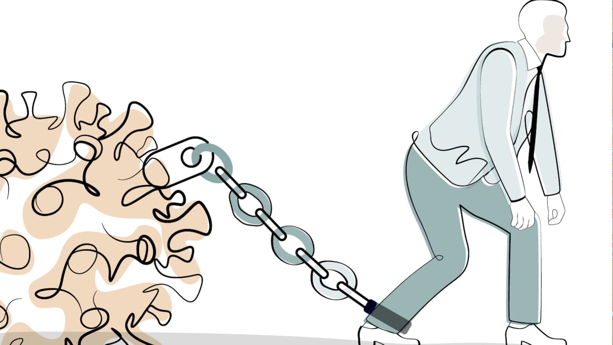 Illustration of man dragging the SARS-CoV-2 spike protein