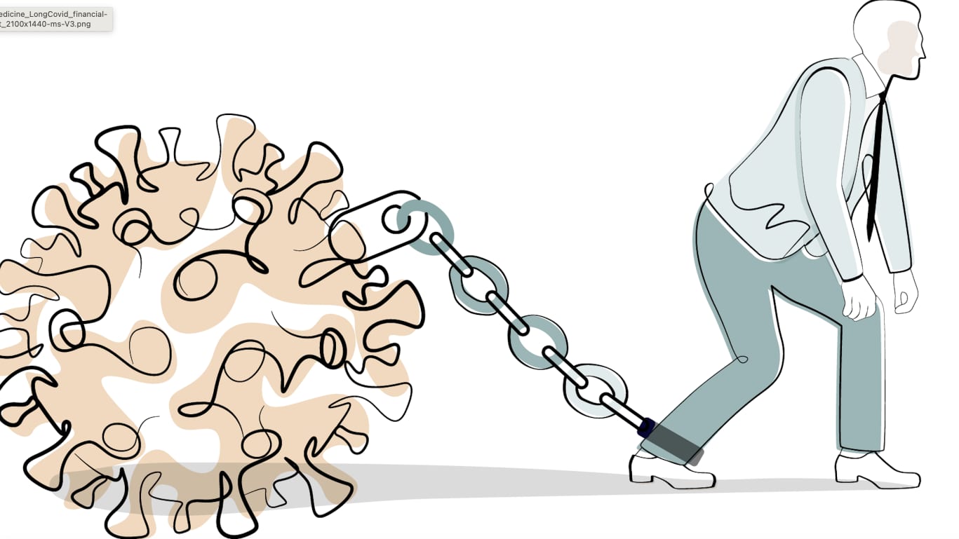 Illustration of man dragging the SARS-CoV-2 spike protein