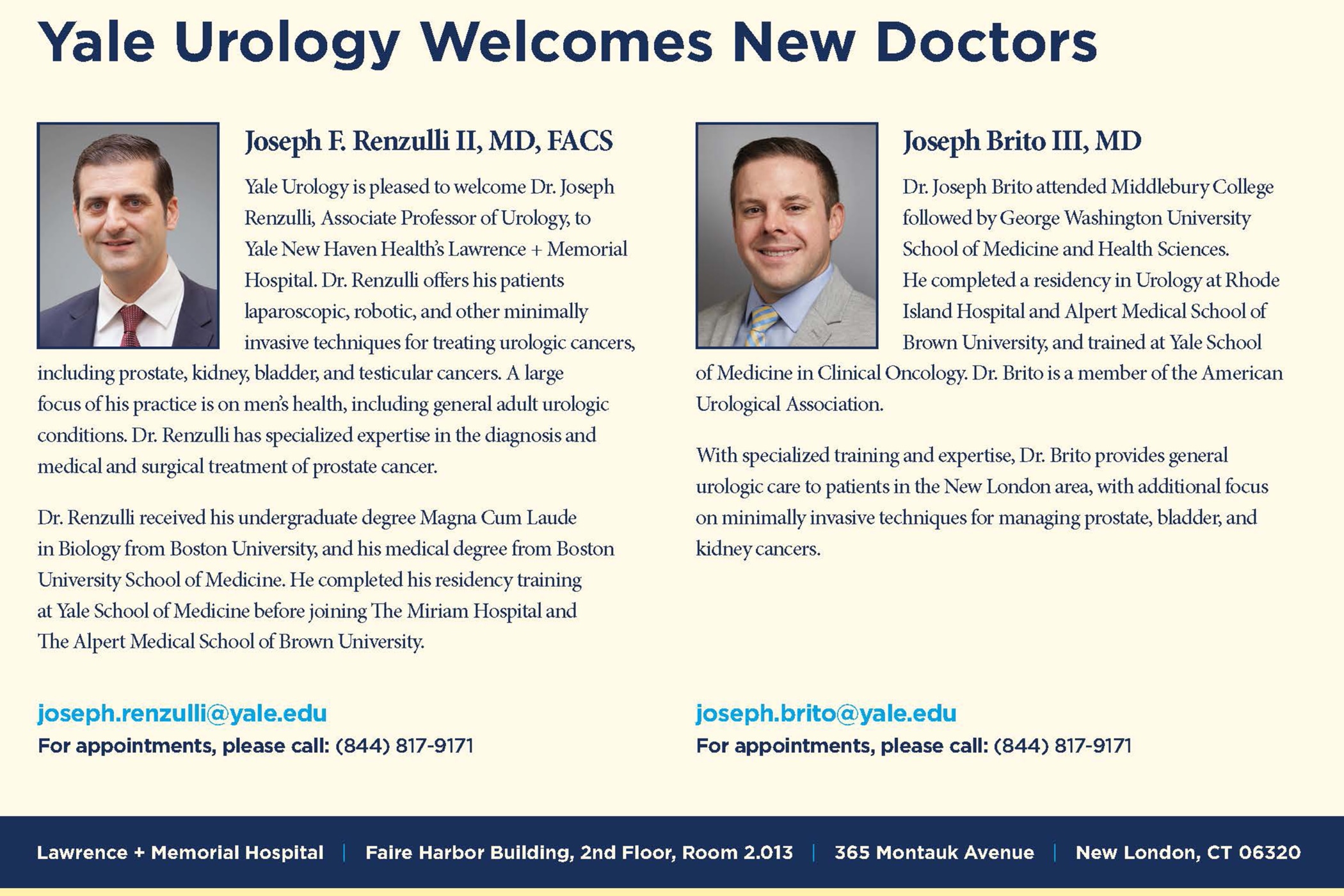 Two Yale Urologists join Lawrence + Memorial Hospital