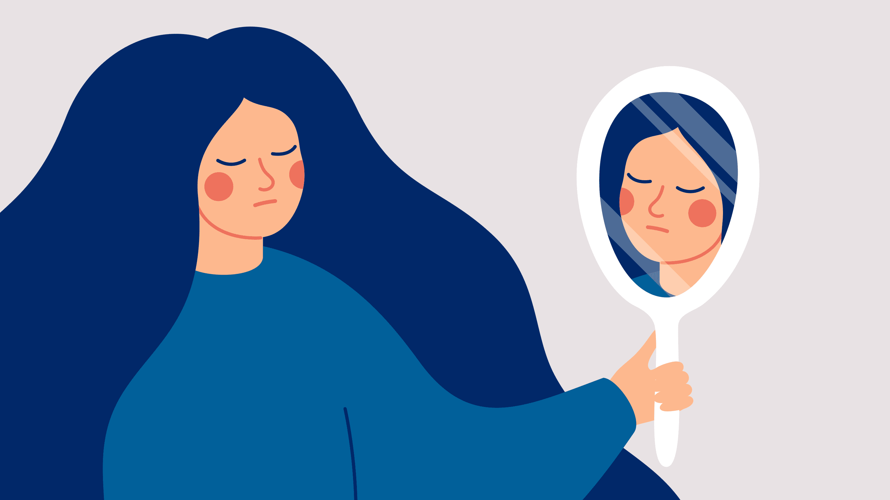 illustration of someone looking unhappily at their reflection in a mirror, perhaps because of an eating disorder