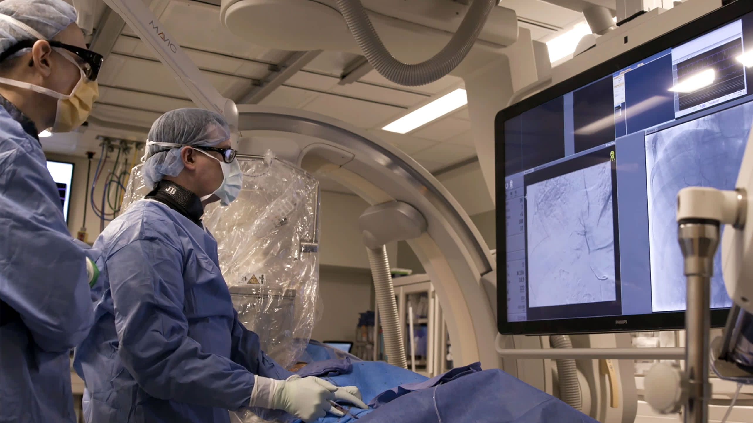 Interventional radiologist perform an interventional oncology procedure.