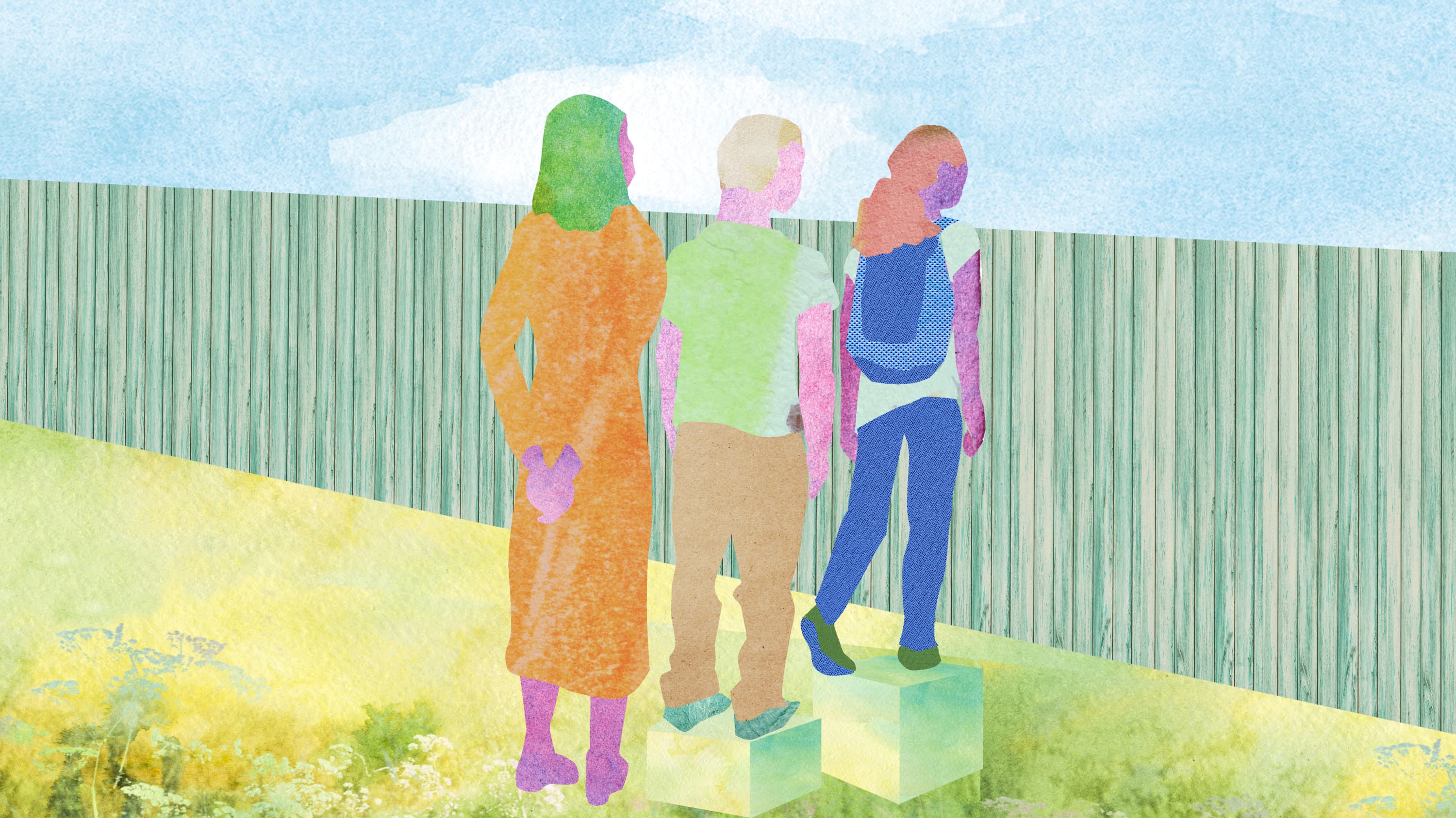 Illustration showing three people looking over a fence, representing health equity