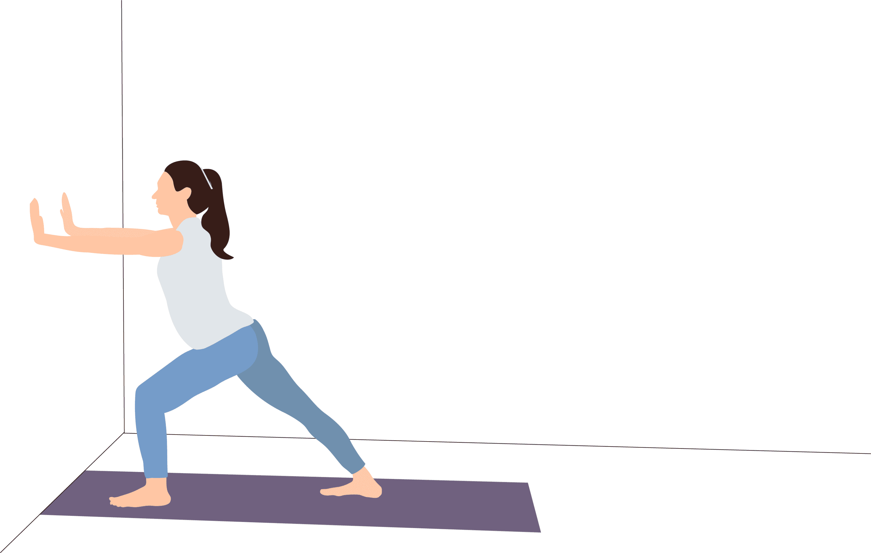 An illustration of a woman stretching her calf by placing both hands on a wall and bending the front leg and keeping the other leg straight behind it.